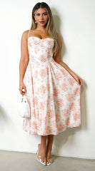 Knox Floral Flare Midi Dress White Orange