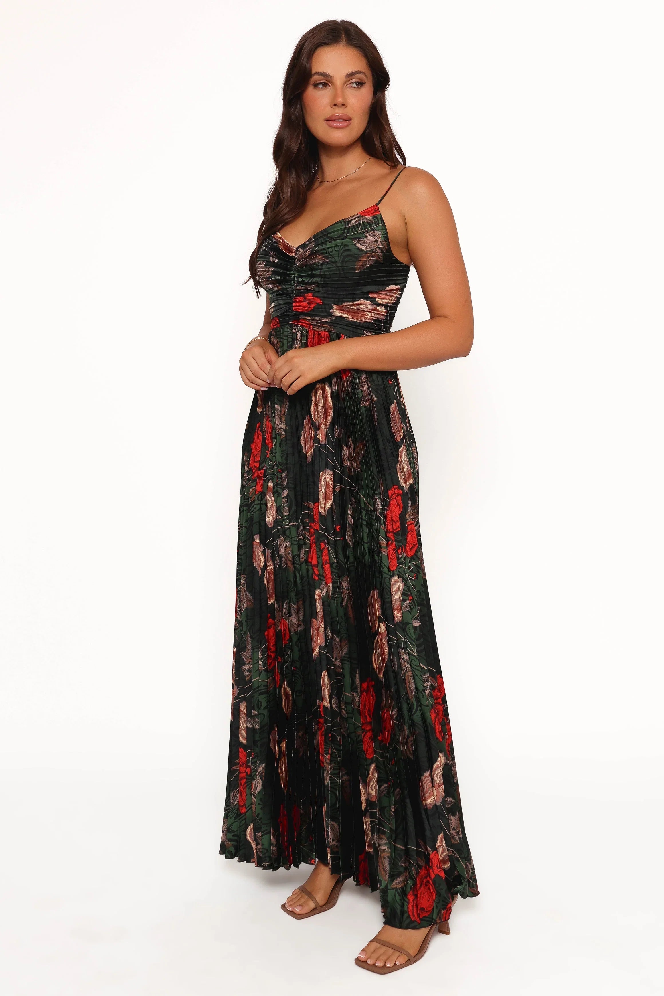 Naira Pleated Maxi Dress Green Floral
