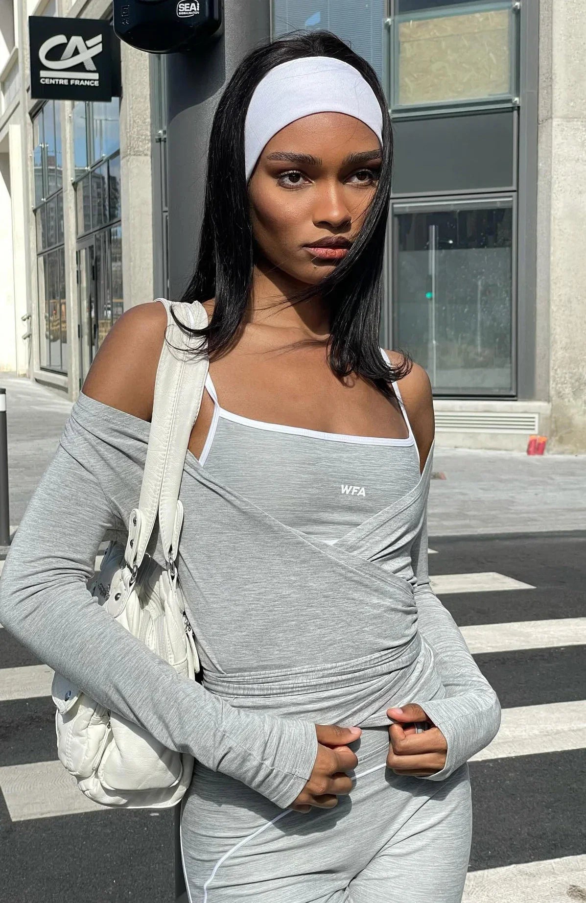 Staying Cute Long Sleeve Wrap Top Grey Marle