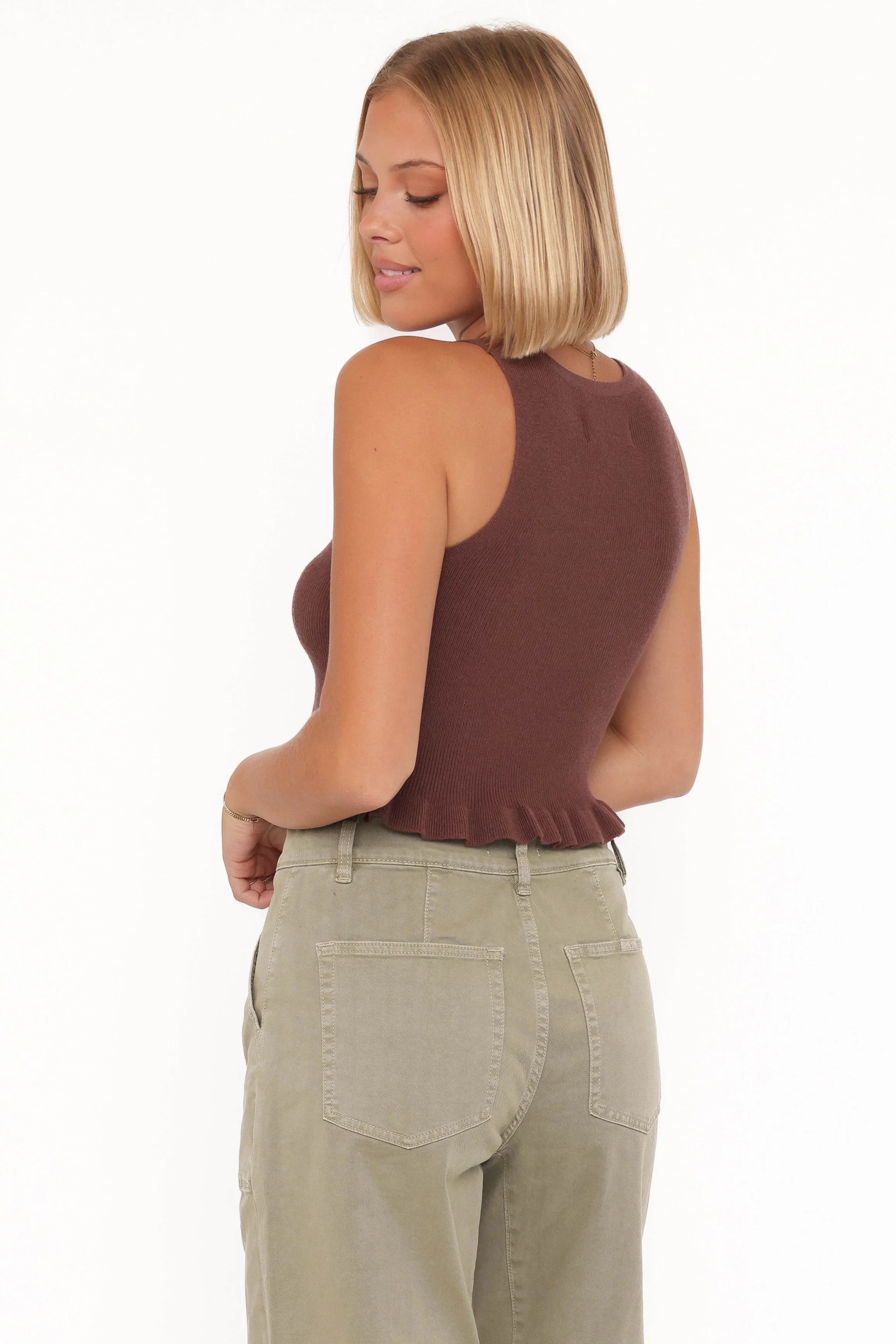 Berenice Ruffle Hem Knitted Top Brown