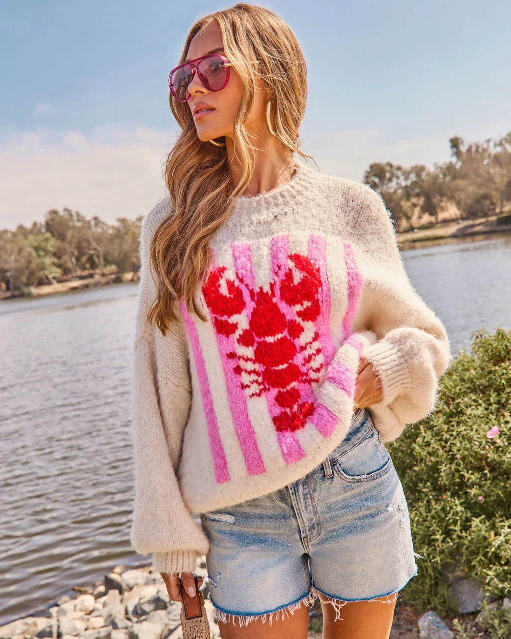 Darling Tide Striped Lobster Print Sweater