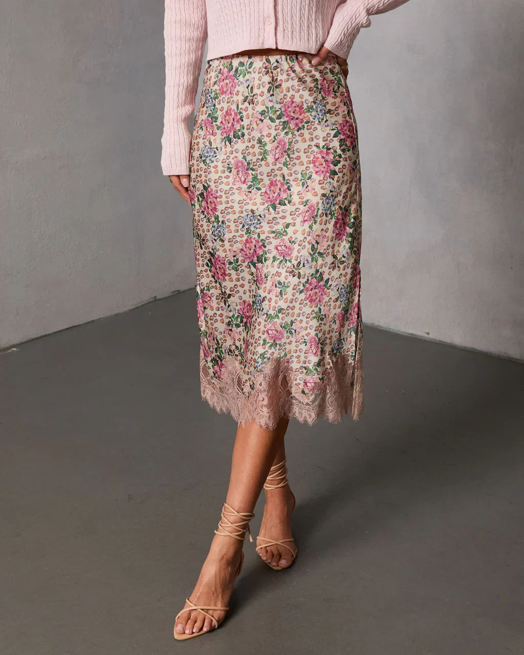 Oleandra Satin Lace Trim Midi Skirt