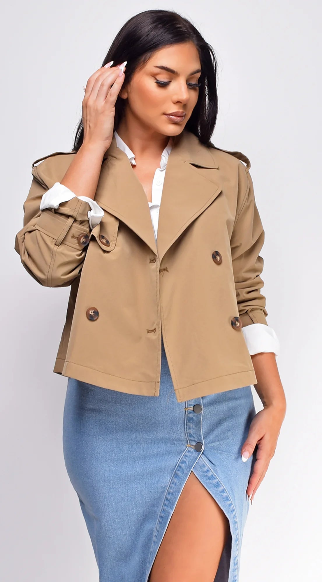 Devin Cropped Trench Jacket Beige