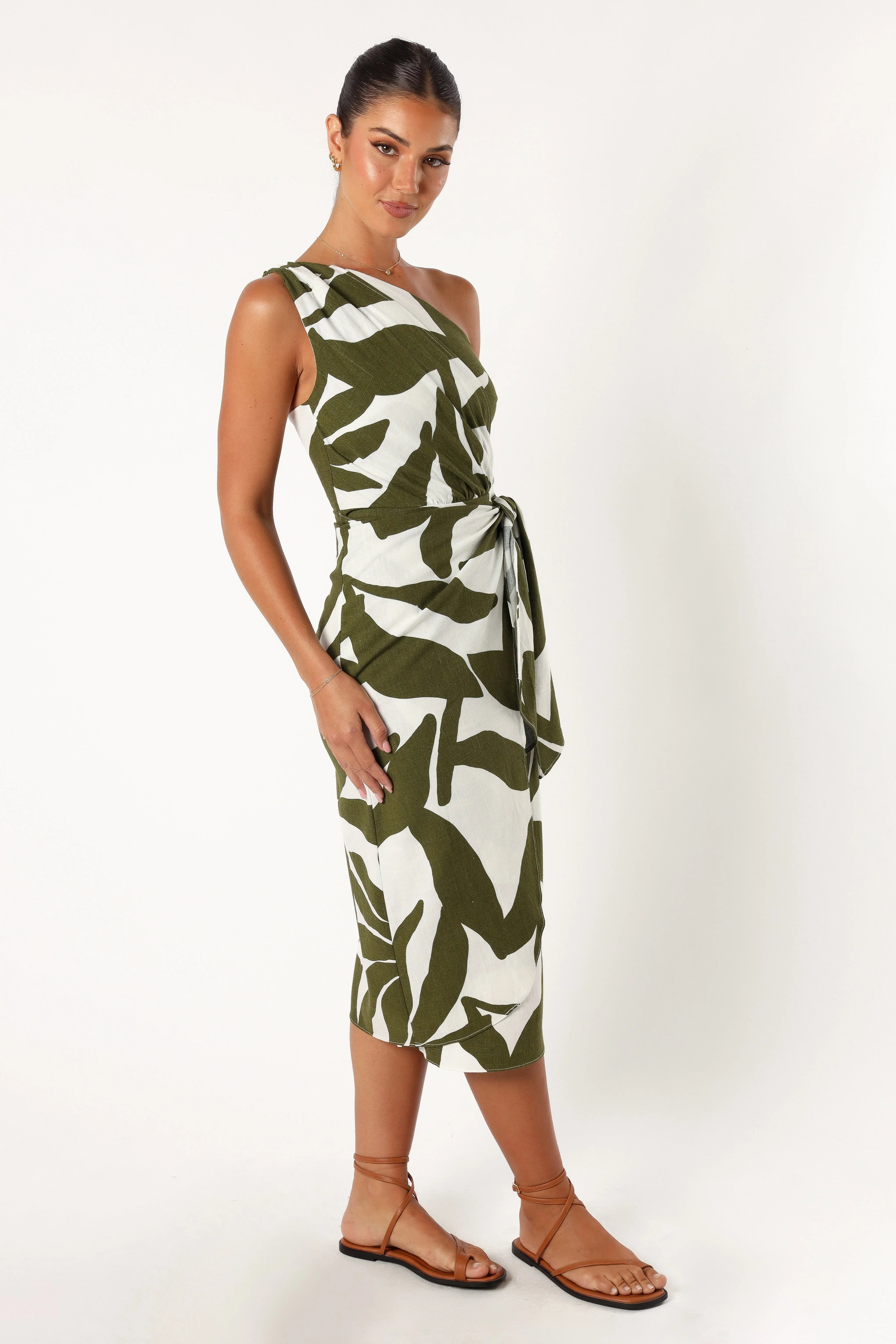 Zara One Shoulder Midi Dress Olive Palm