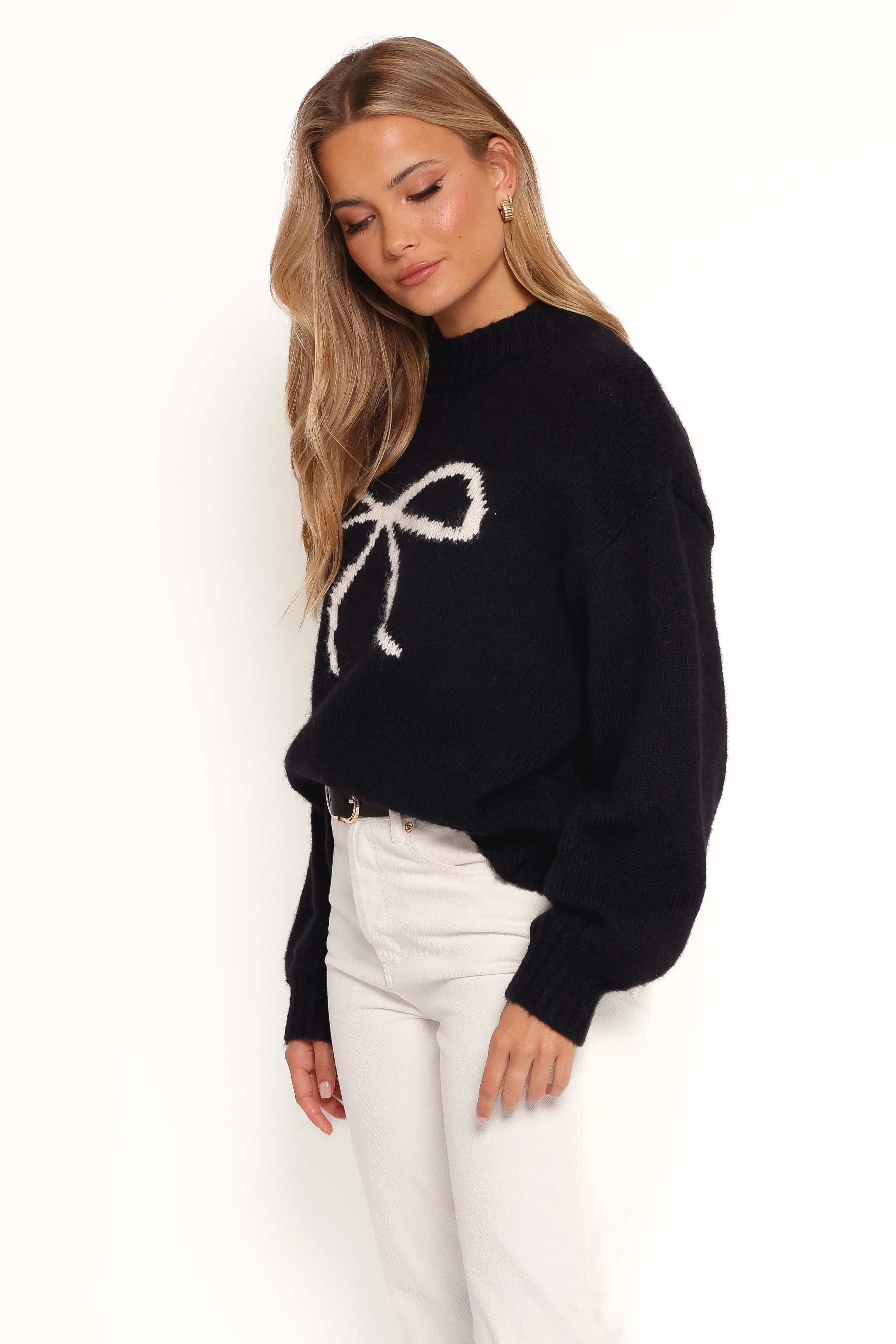 Cecelia Bow Print Mock Neck Knit Sweater Black