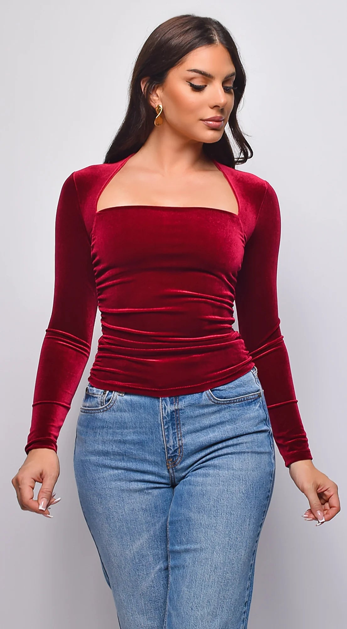 Adora Velvet Square Neck Long Sleeve Top Burgundy