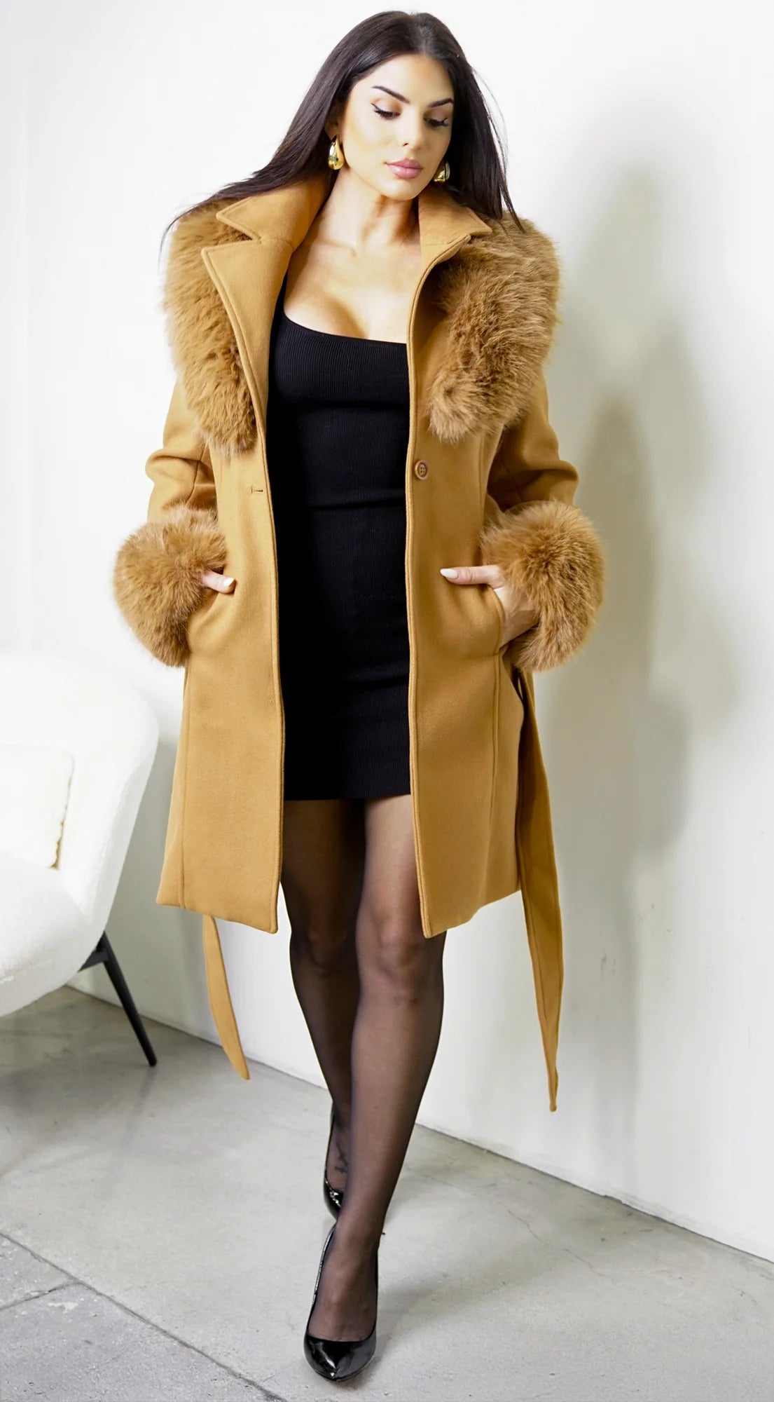 Sorrel Faux Fur Belted Coat Khaki