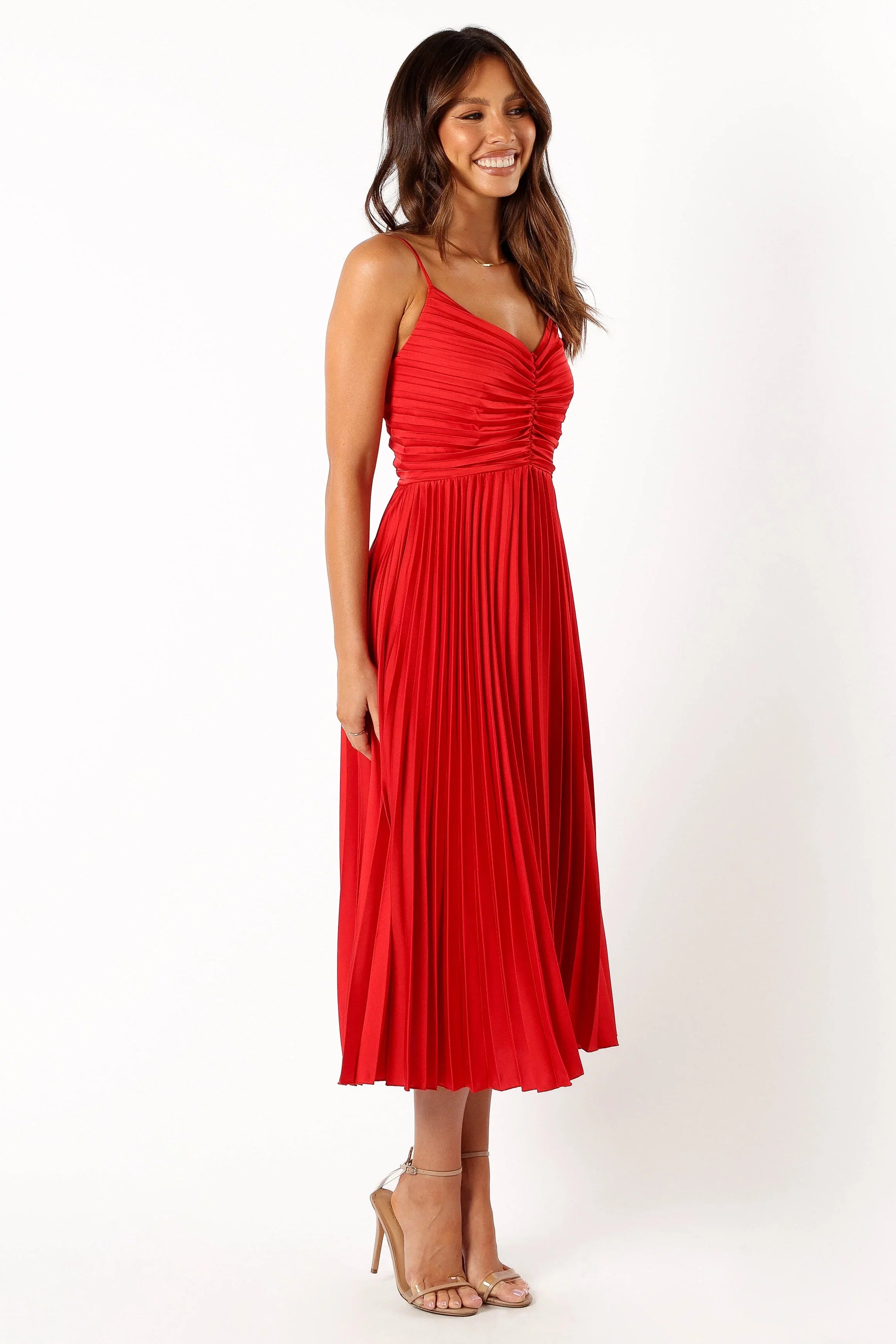 Naira Pleated Midi Dress Red