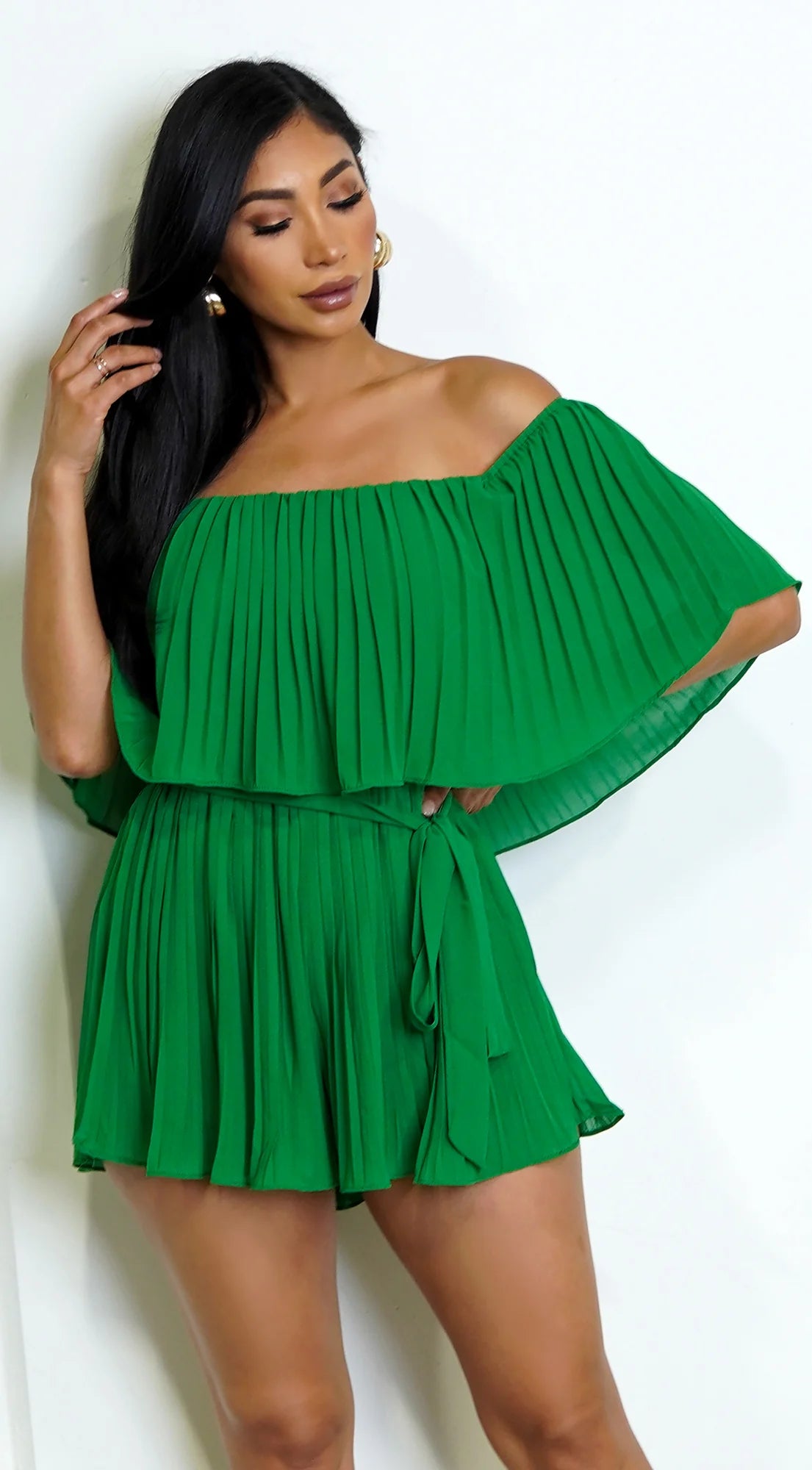 Jazmin Off Shoulder Pleated Romper Green