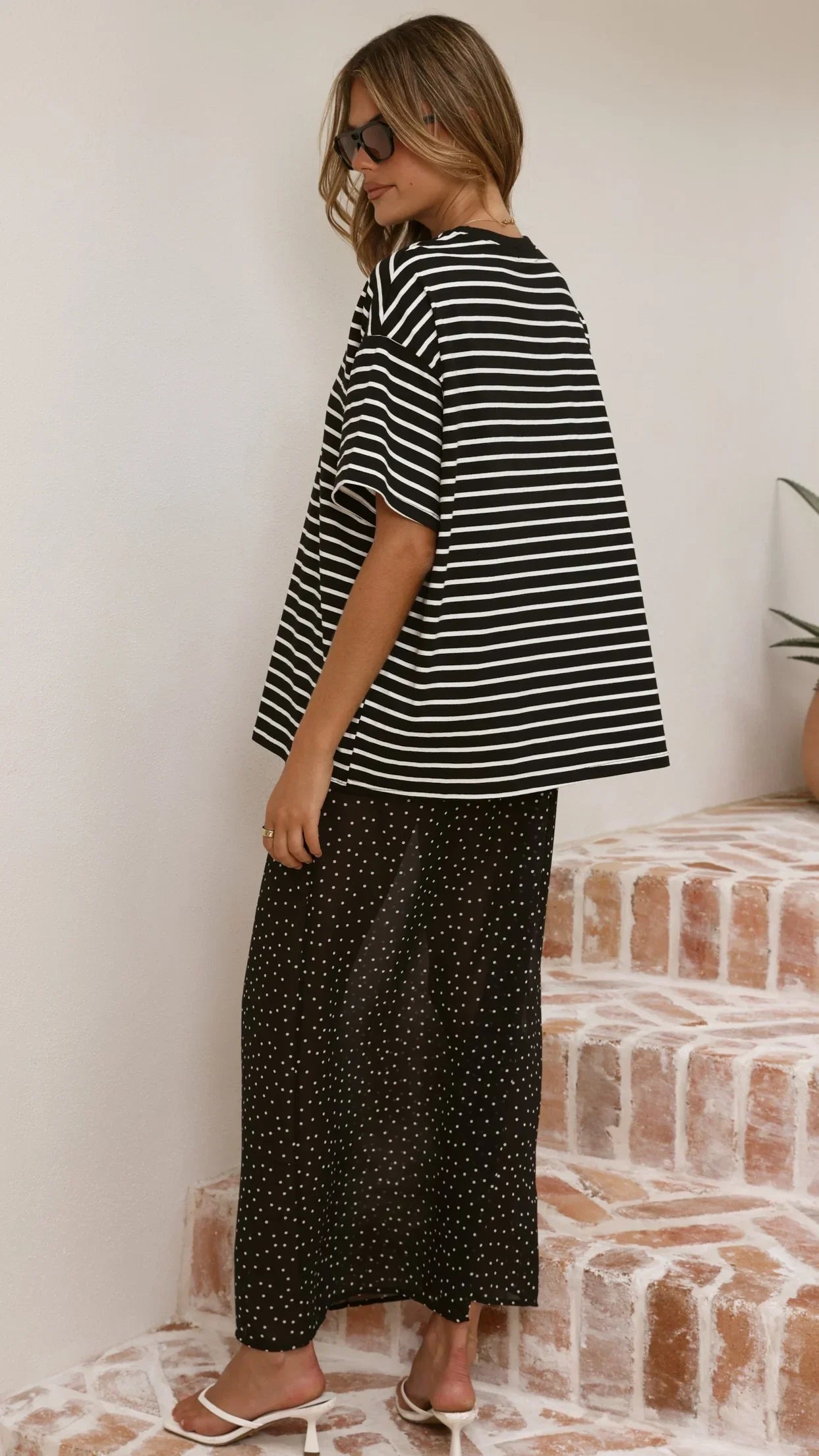 Elisha T Shirt and Sheer Maxi Skirt Set White Black Stripe and Polka Dot