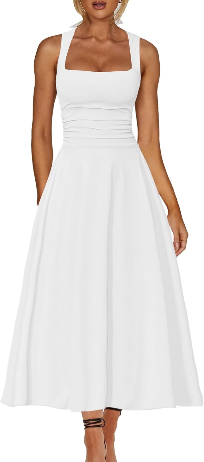 A Line Maxi Dress Ruffle Ruched Waist Flowy Long Dresses