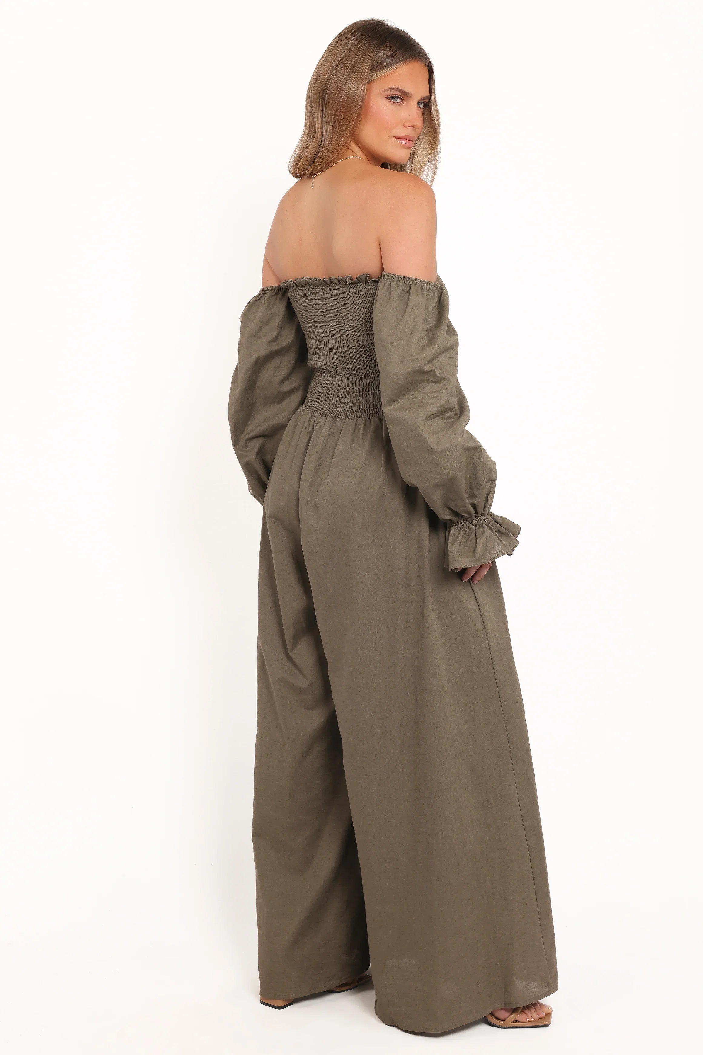Domenica Shirred Long Sleeve Jumpsuit Olive