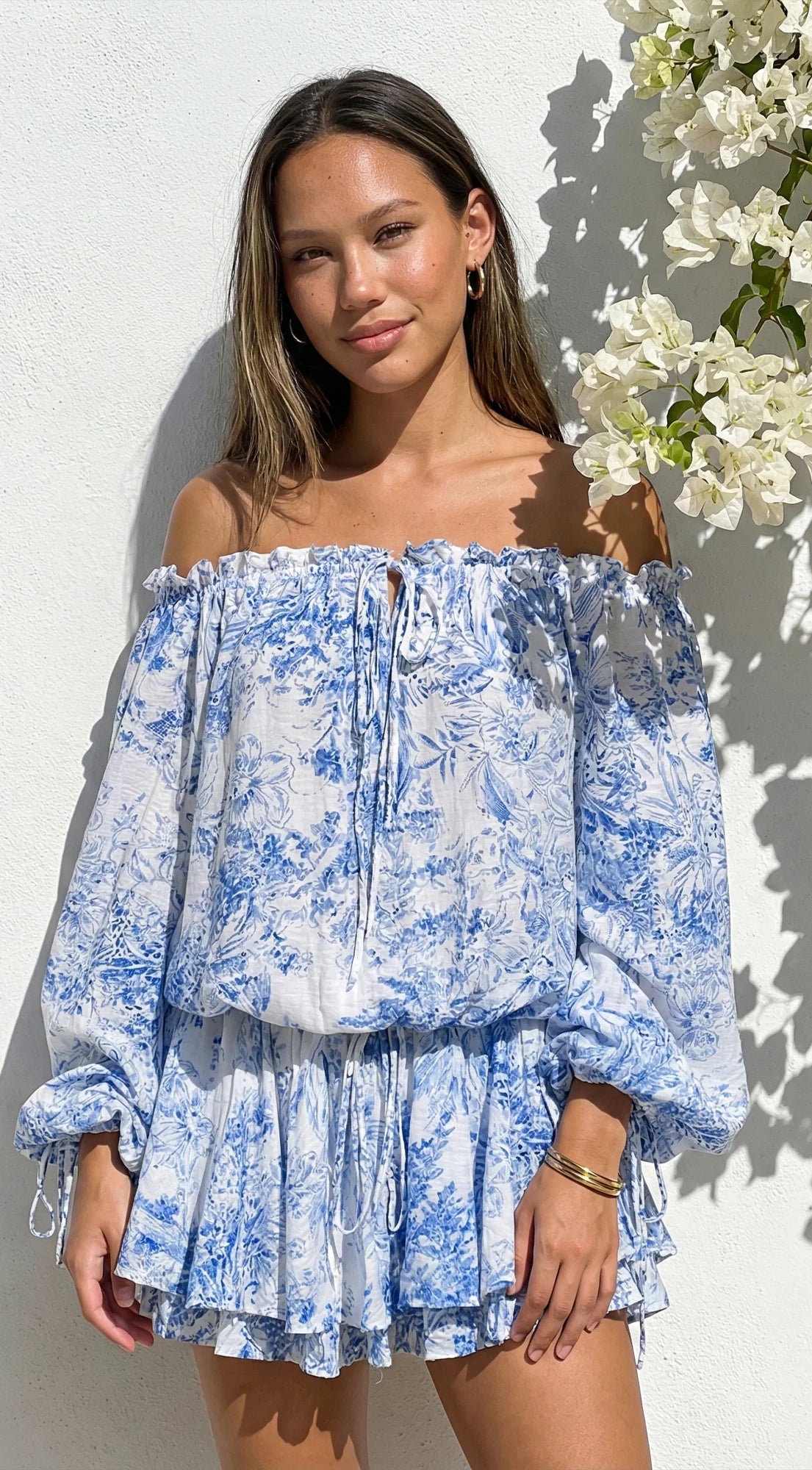 Bahama Floral Off Shoulder Ruffle Mini Dress Blue