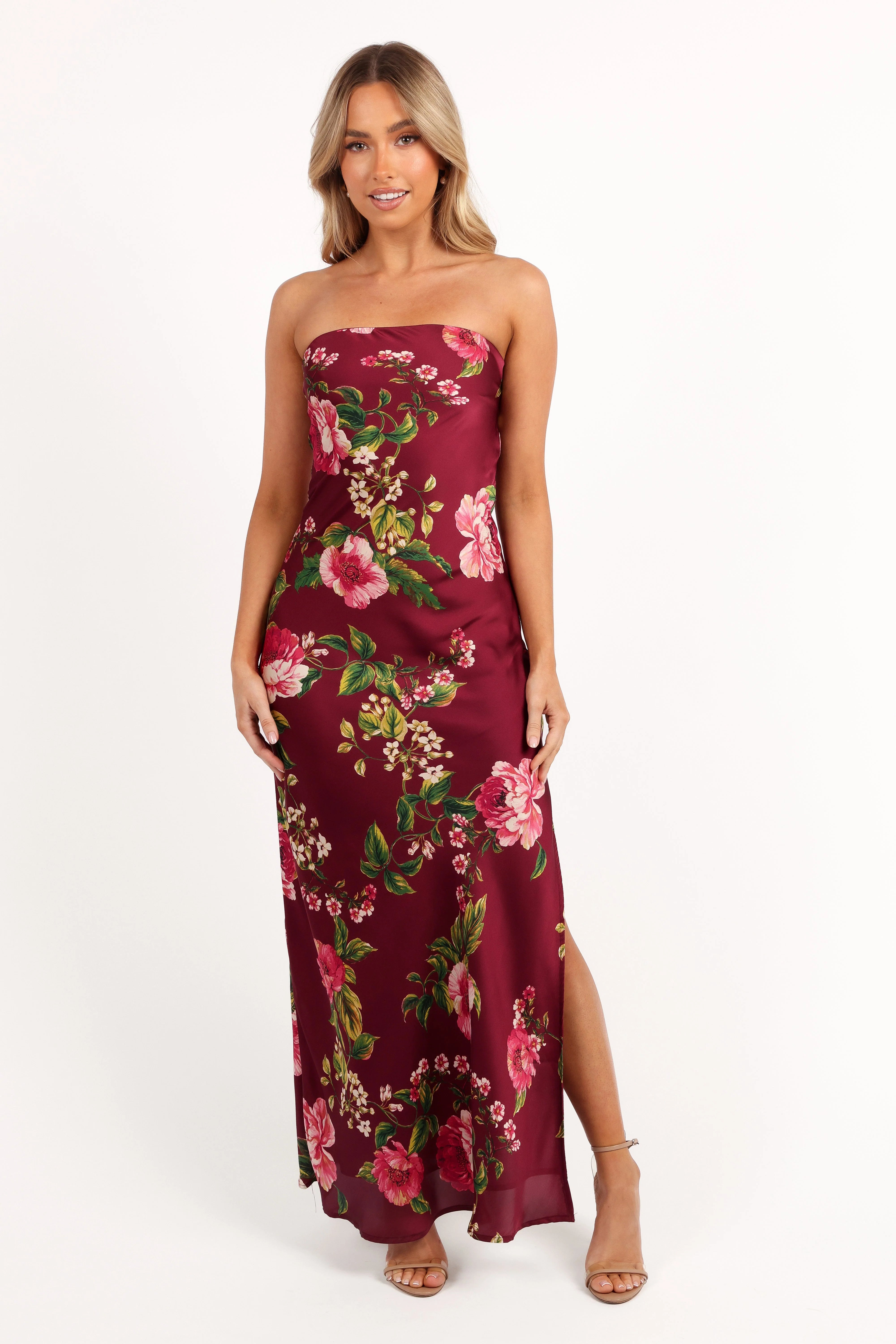 Bryden Maxi Strapless Dress Burgundy Floral
