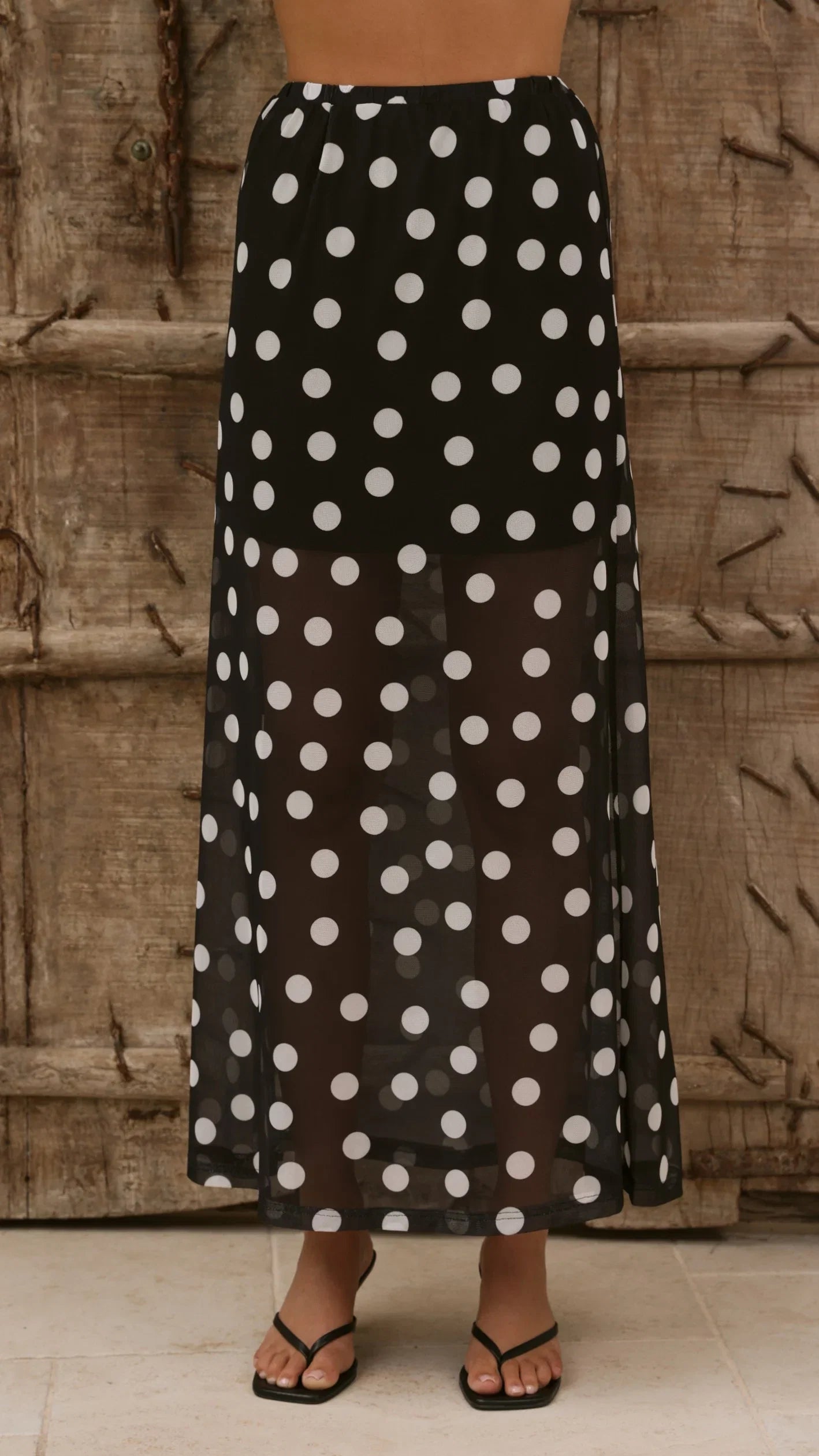 Onella Semi Sheer Maxi Skirt Black White Polka Dot