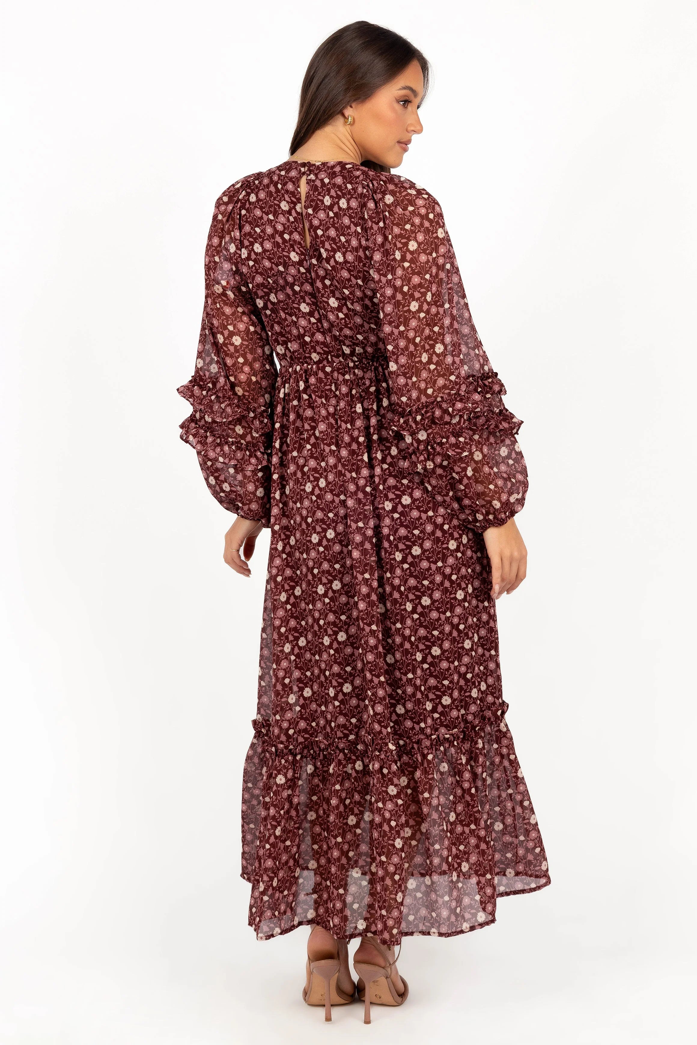 Evian Long Sleeve Maxi Dress Burgundy Multi