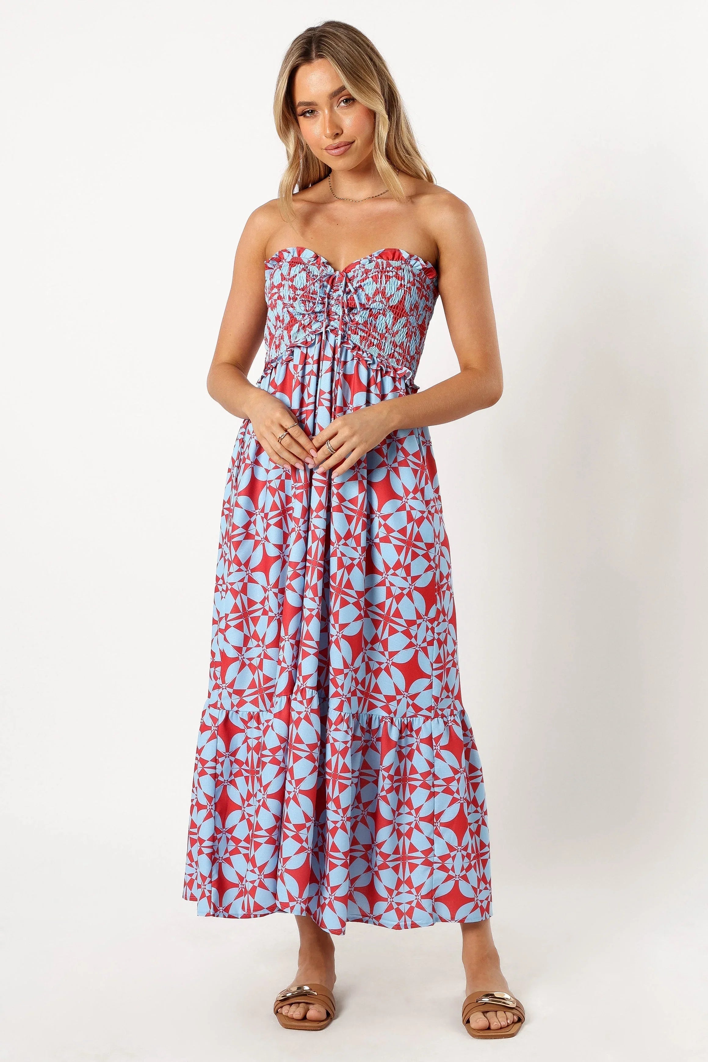 Dayton Strapless Midi Dress Red Blue