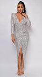 Nevada Nude Silver V Neck Sequin Maxi Dress