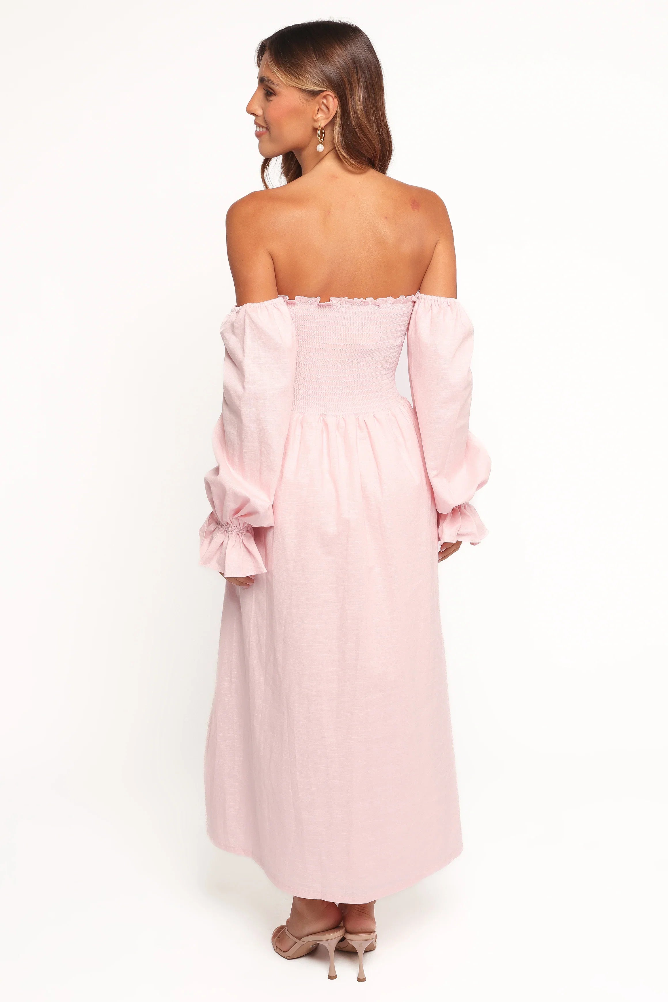 Domenica Shirred Long Sleeve Midi Dress Pink