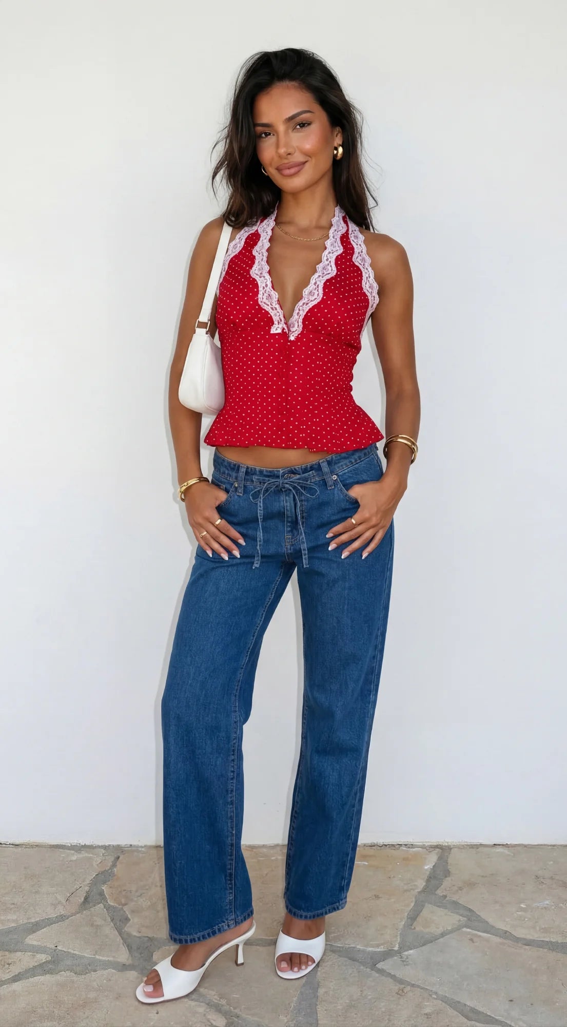 Ventura Drawstring Wide Leg Denim Pants Blue
