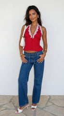 Ventura Drawstring Wide Leg Denim Pants Blue