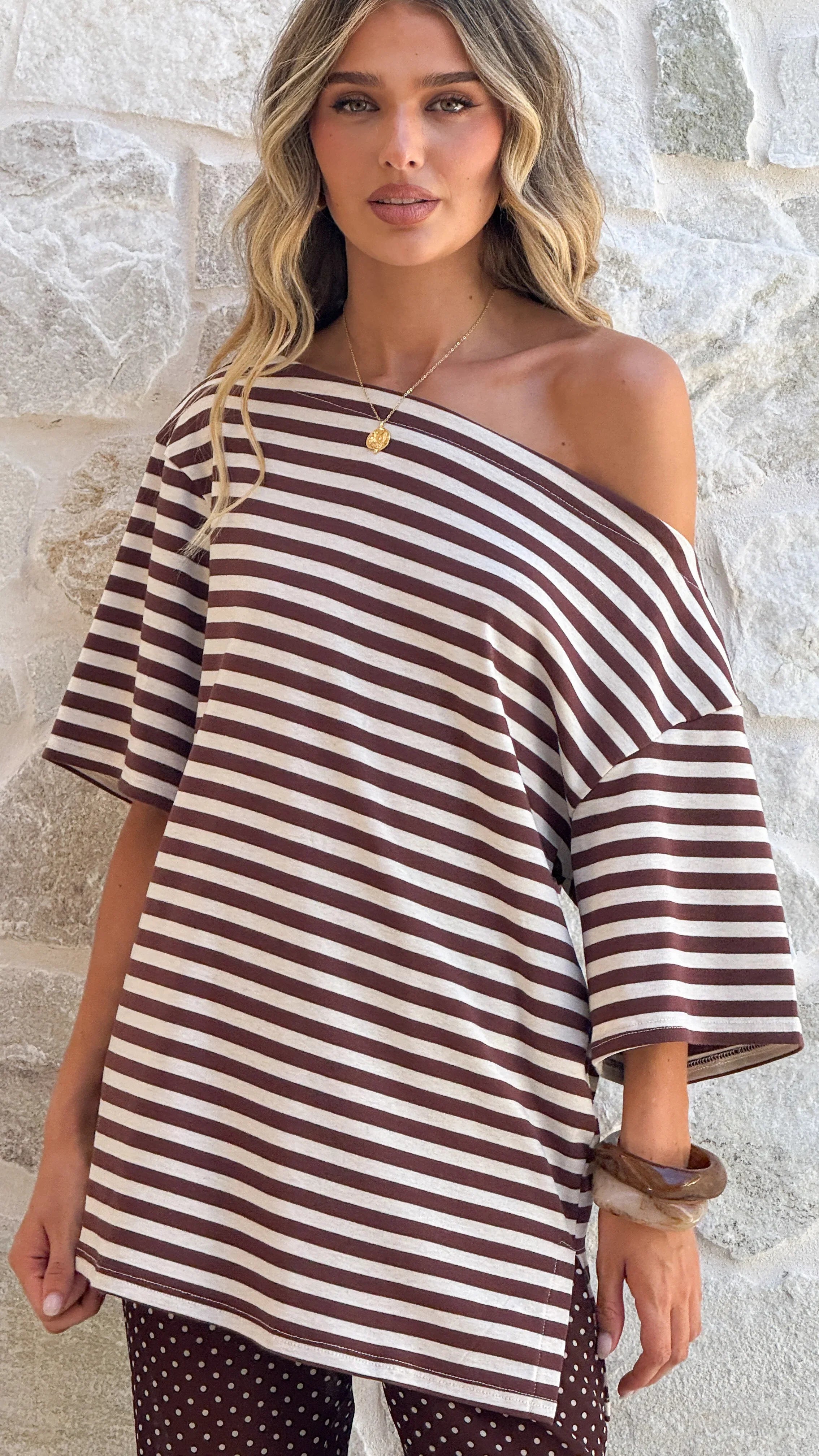 Pia One Shoulder Oversize Tee Choc White Stripe