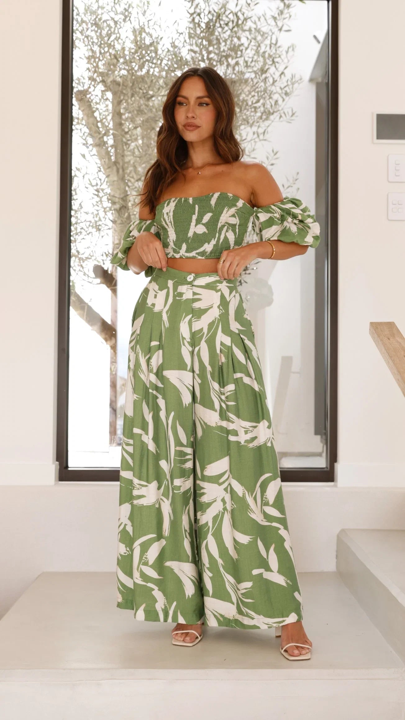 Callison Crop Top and Pants Set Green Print