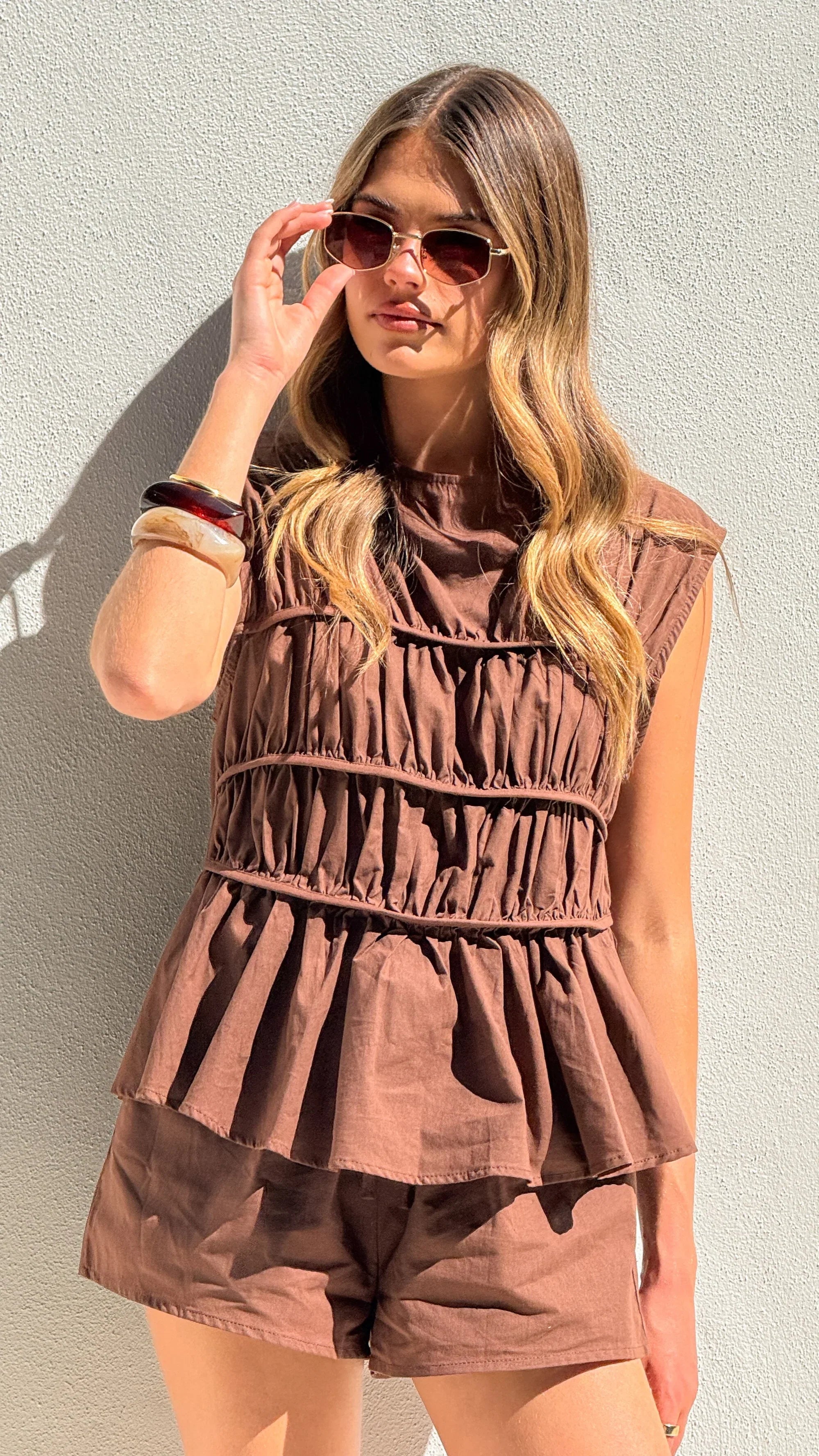 Cara Shirred Top and Shorts Set Brown