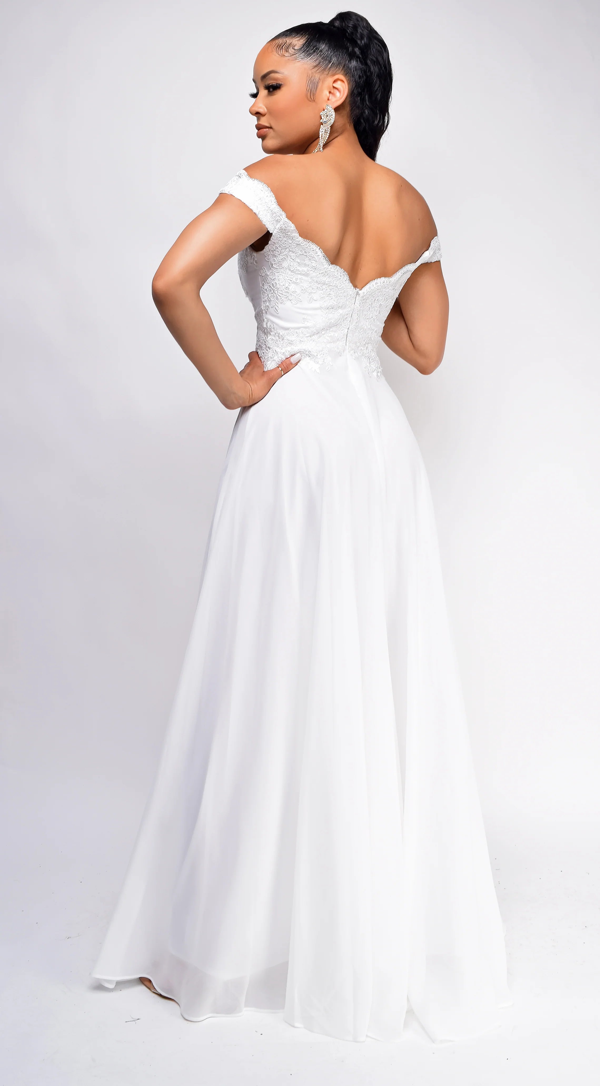 Fae Off White Shoulder Lace Detail Bridal Gown Dress