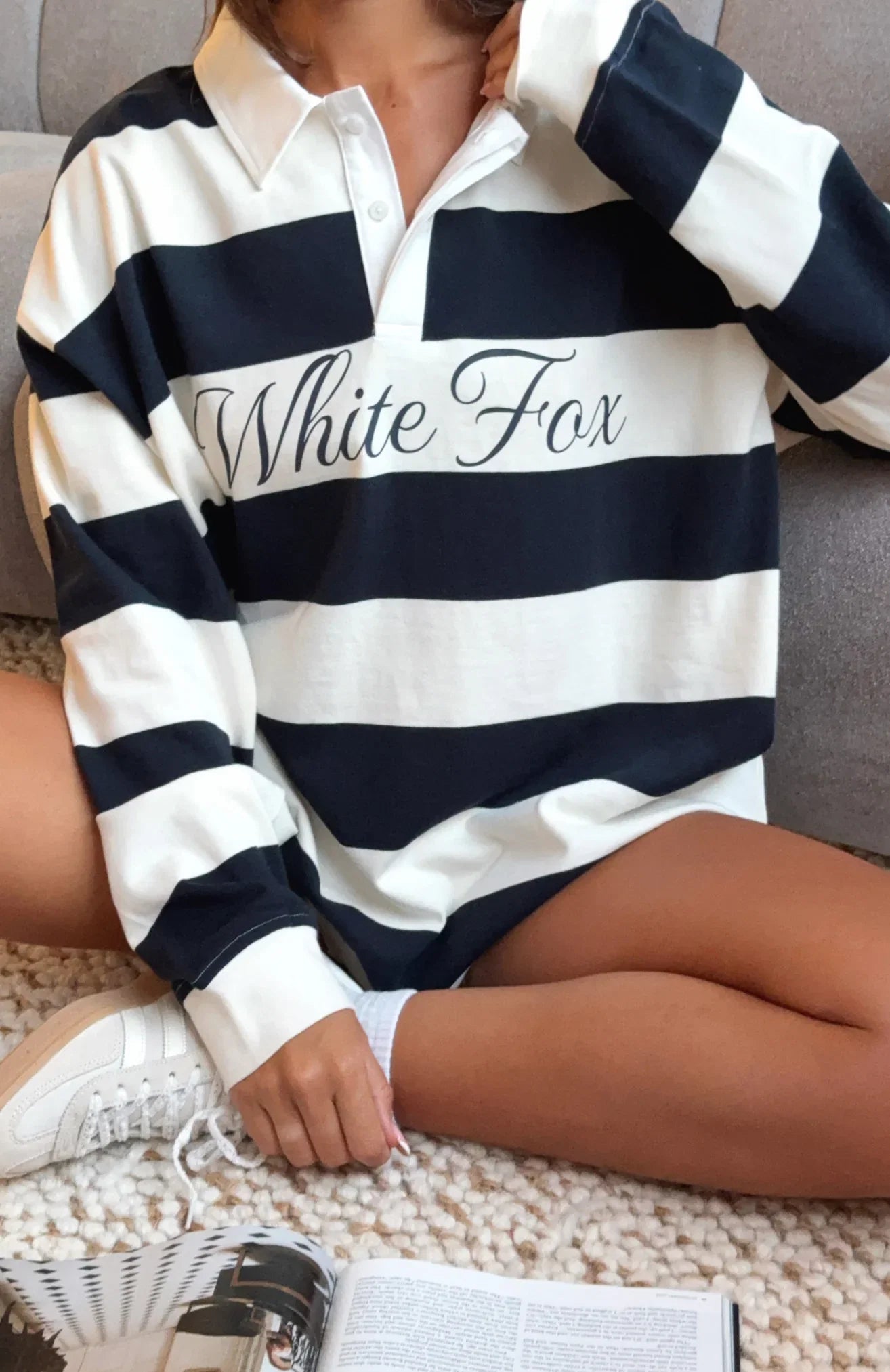 My Reality Striped Long Sleeve Rugby Shirt Navy Cream Stripe