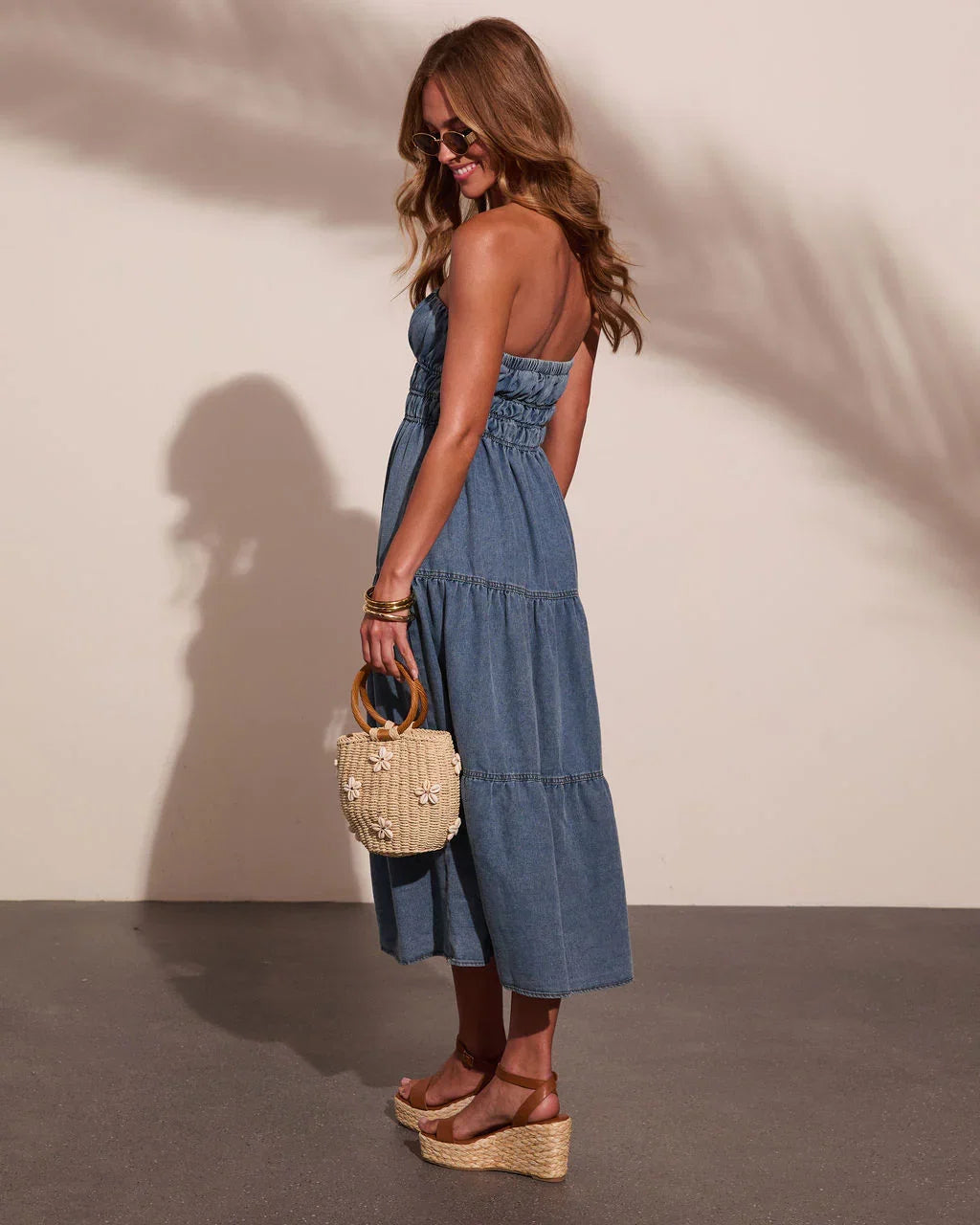 Jaclyne Strapless Tiered Chambray Maxi Dress