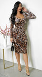 Rhea Square Neck Leopard Print Midi Dress Brown