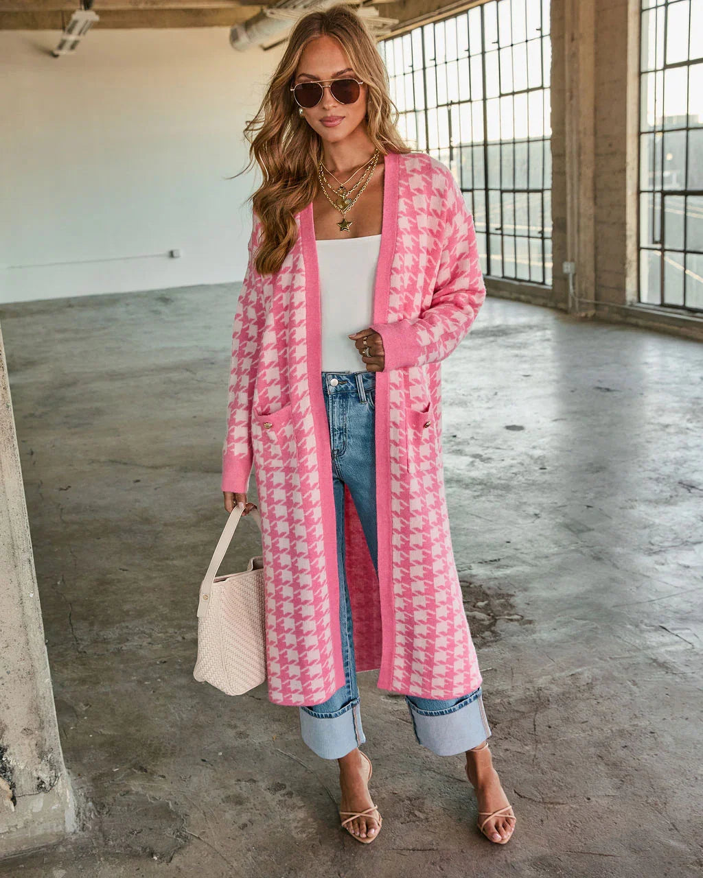 Chill Edit Houndstooth Longline Cardigan