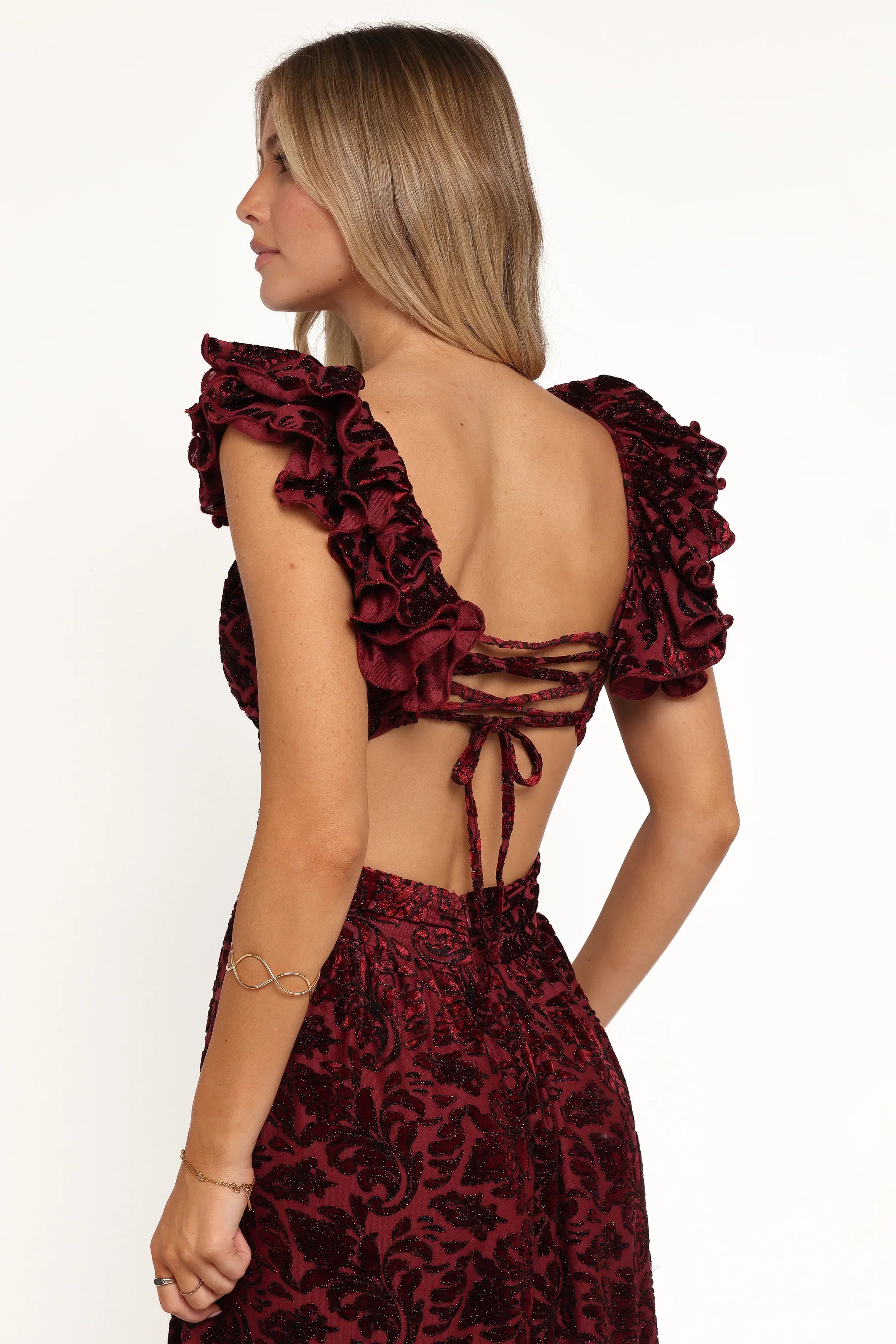 Harmony Maxi Dress Burgundy Metallic Floral