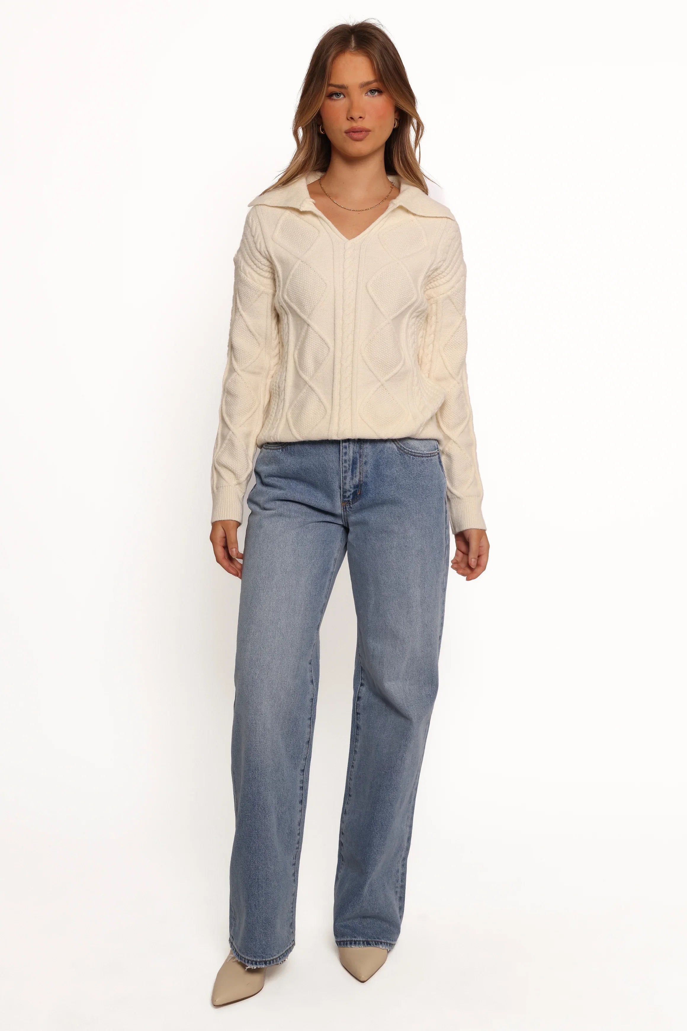 Robbie Collar Neck Cable Knit Sweater Cream