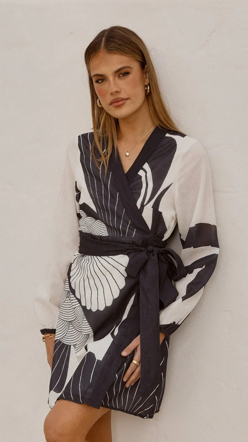 Cassidy Long Sleeve Mini Dress White Navy