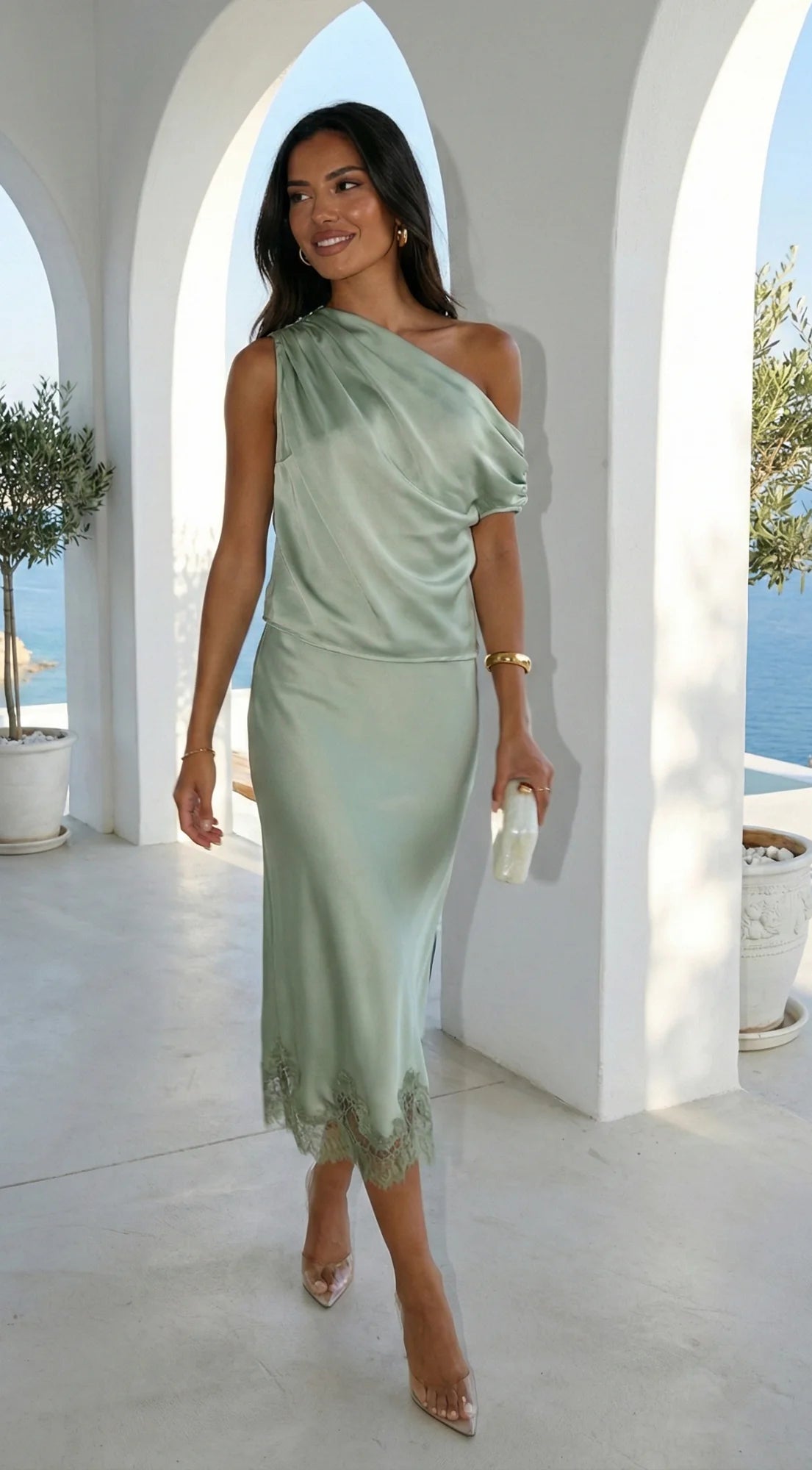 Alessara Satin Lace Off Shoulder Set Sage Green