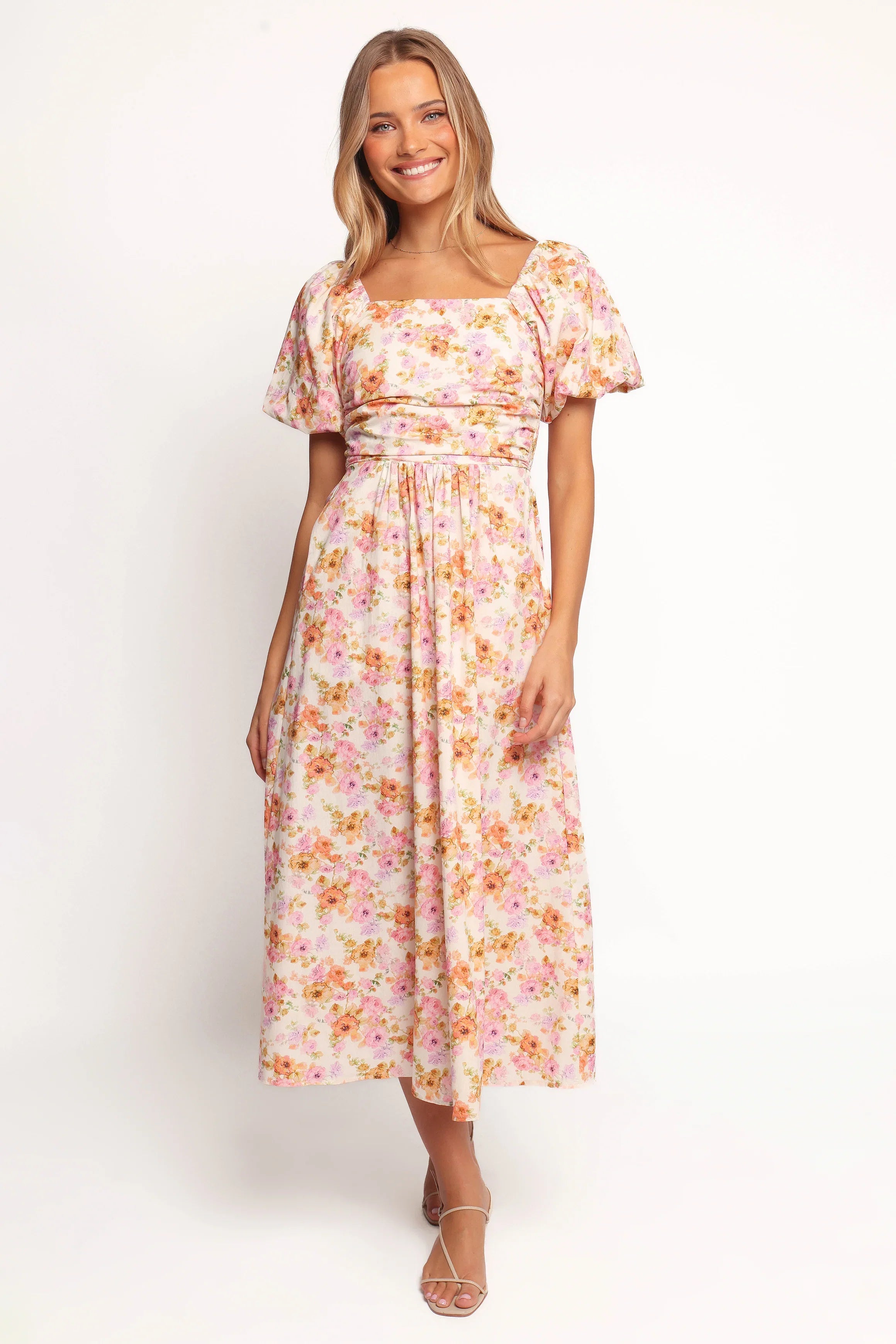 Clo Puff Sleeve Midi Dress Peach Floral