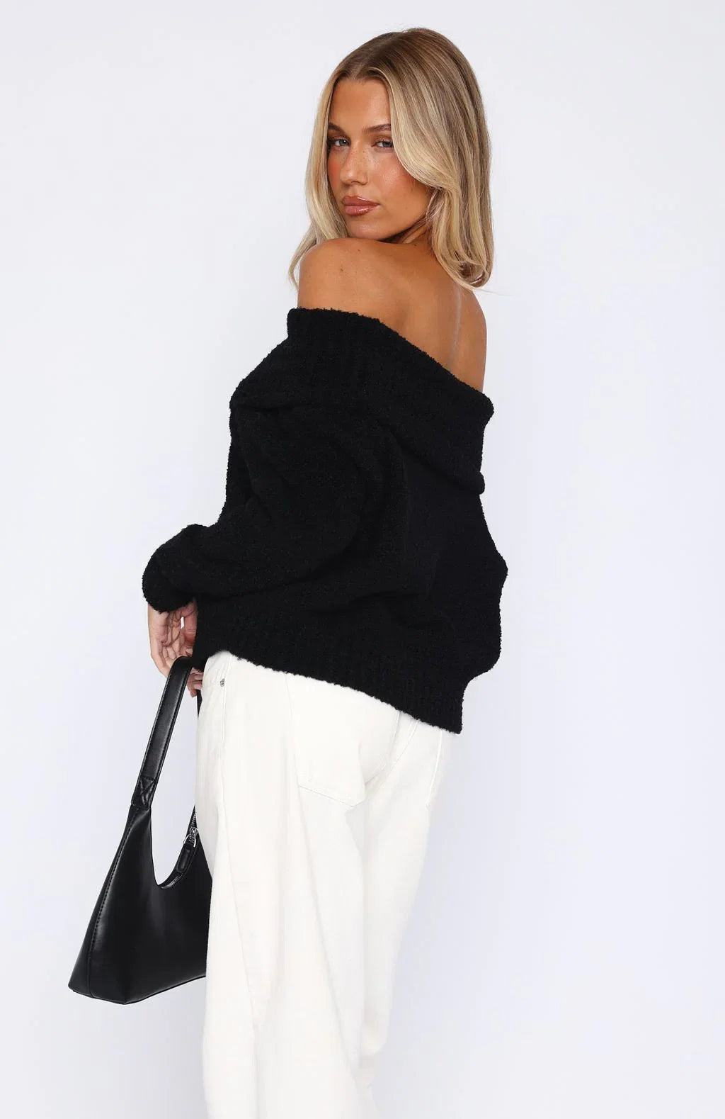 You Dont Need Me Off Shoulder Knit Sweater Black
