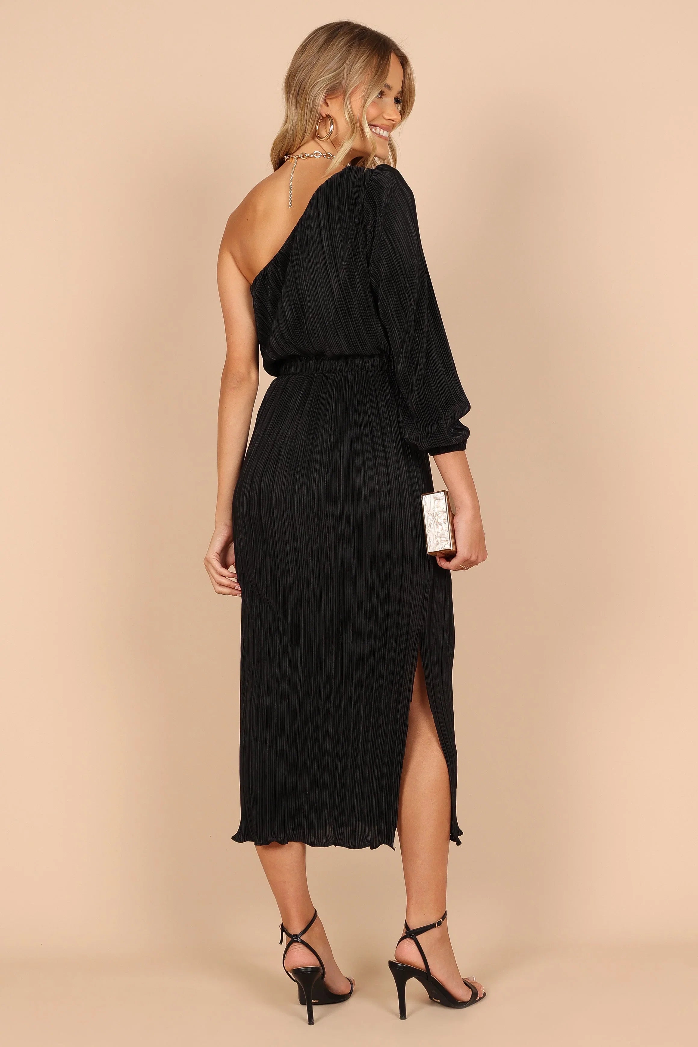 Pontee One Shoulder Pleated Midi Dress Black
