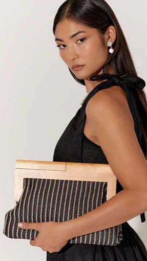 Zoey Thin Stripe Timber Frame Clutch Black
