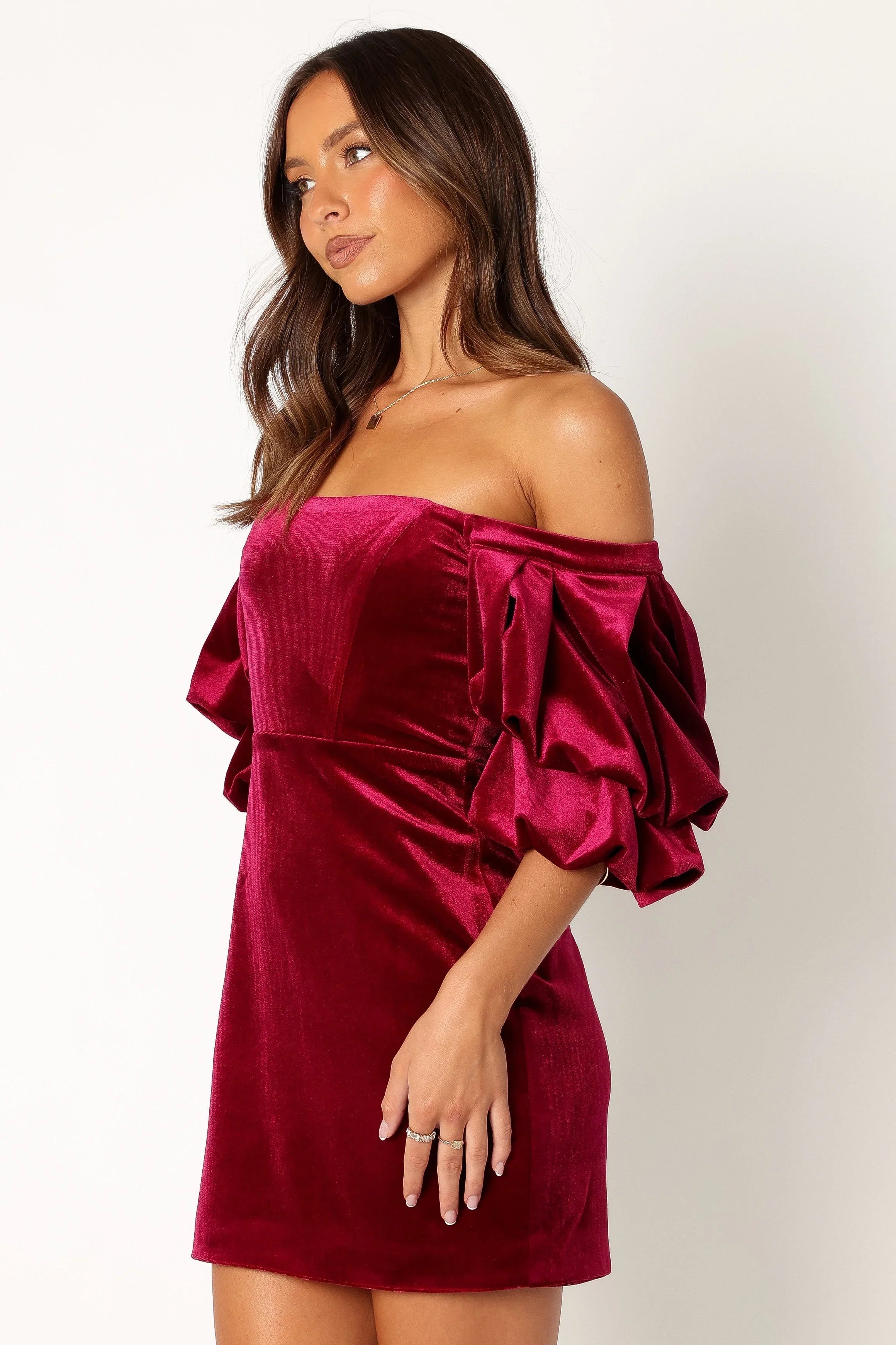 Dali Off Shoulder Velvet Mini Dress Ruby