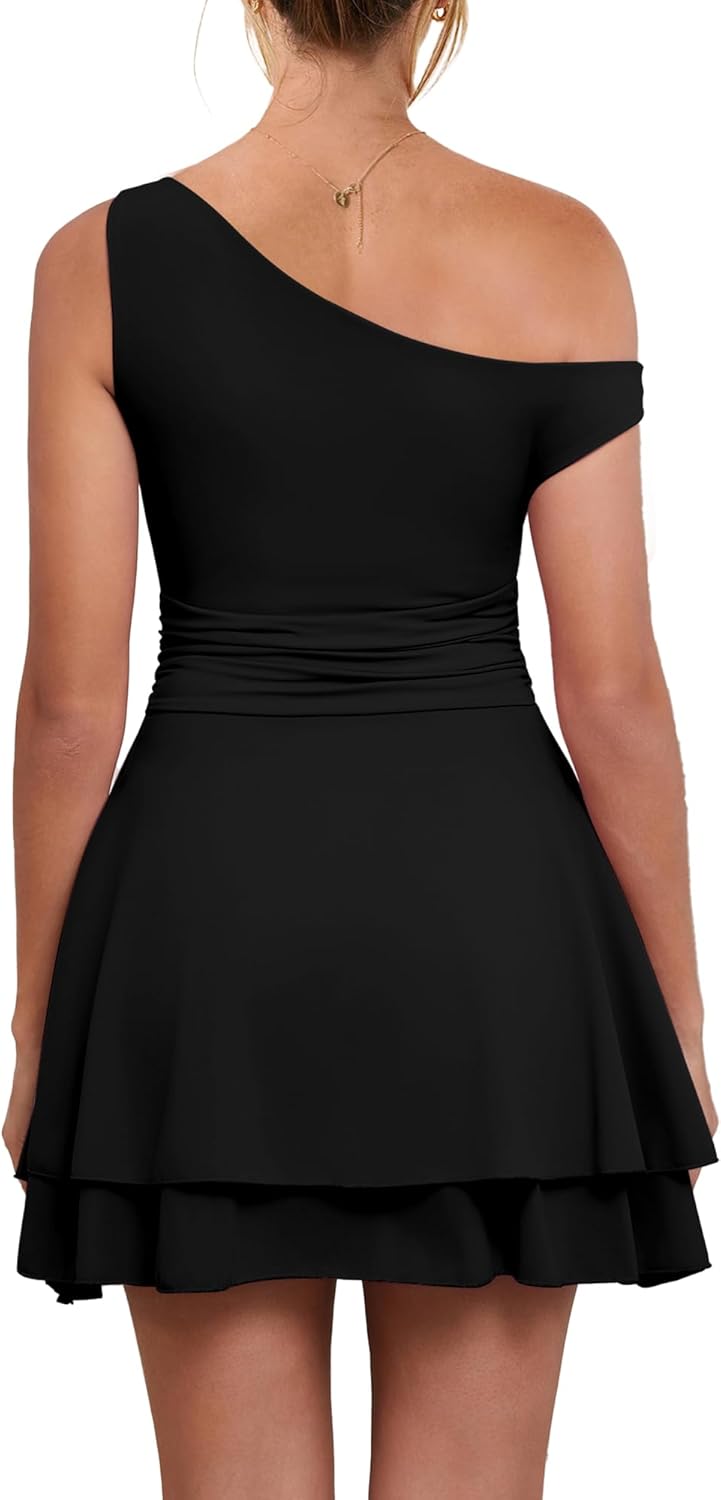 Sexy Ruffle Hem Mini Dress One Shoulder A Line Ruched Short Party Dresses