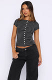 You Were Right Striped Button Up Top Dark Grey Black Stripe
