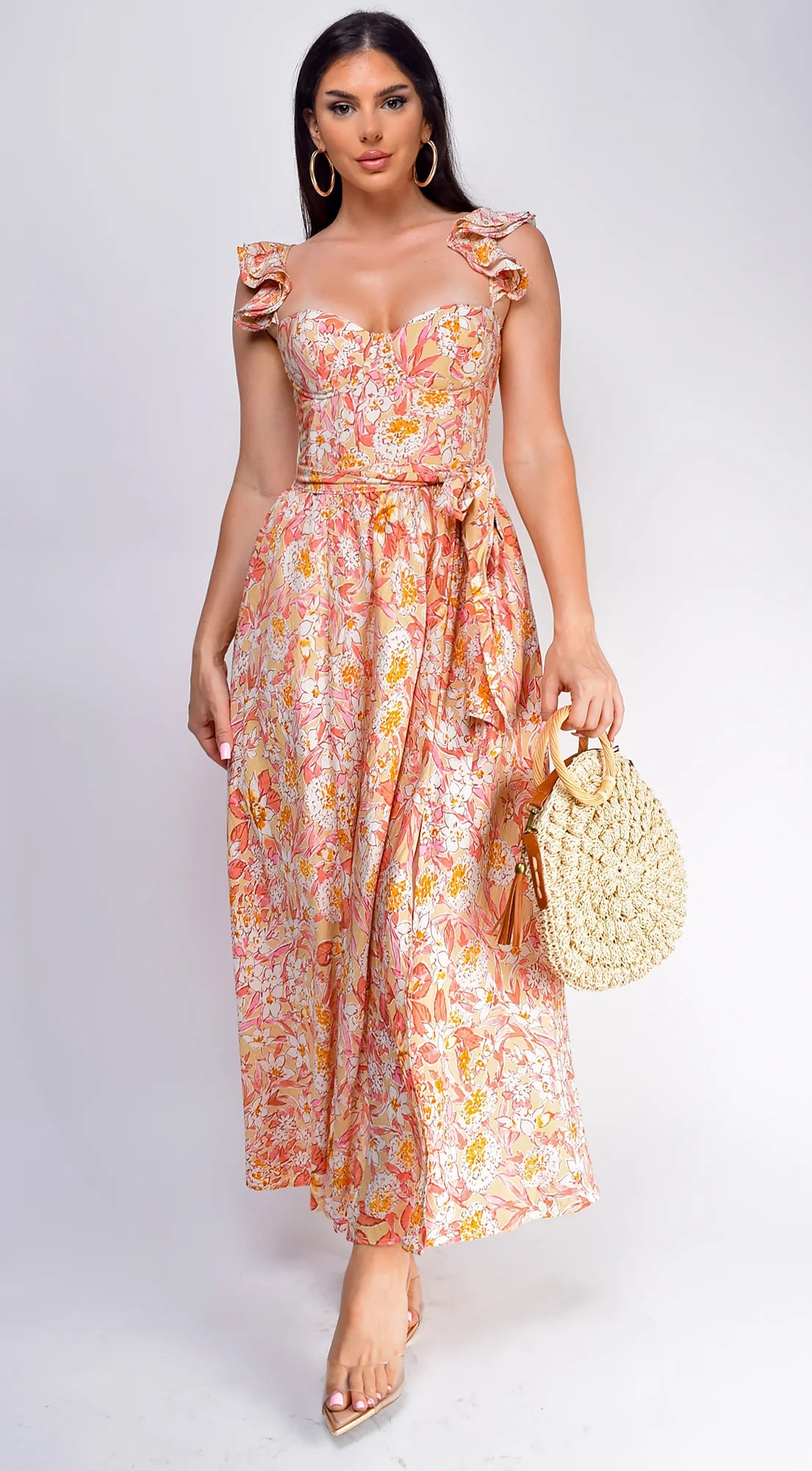 Valeria Corset Ruffle Midi Dress Sunset Floral