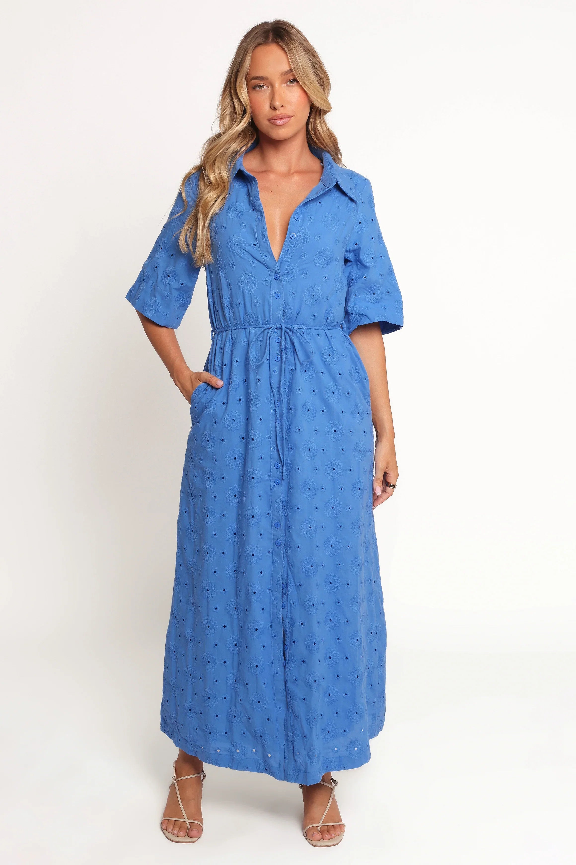 Cooper Embroidered Button Through Midi Dress Cobalt