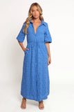 Cooper Embroidered Button Through Midi Dress Cobalt