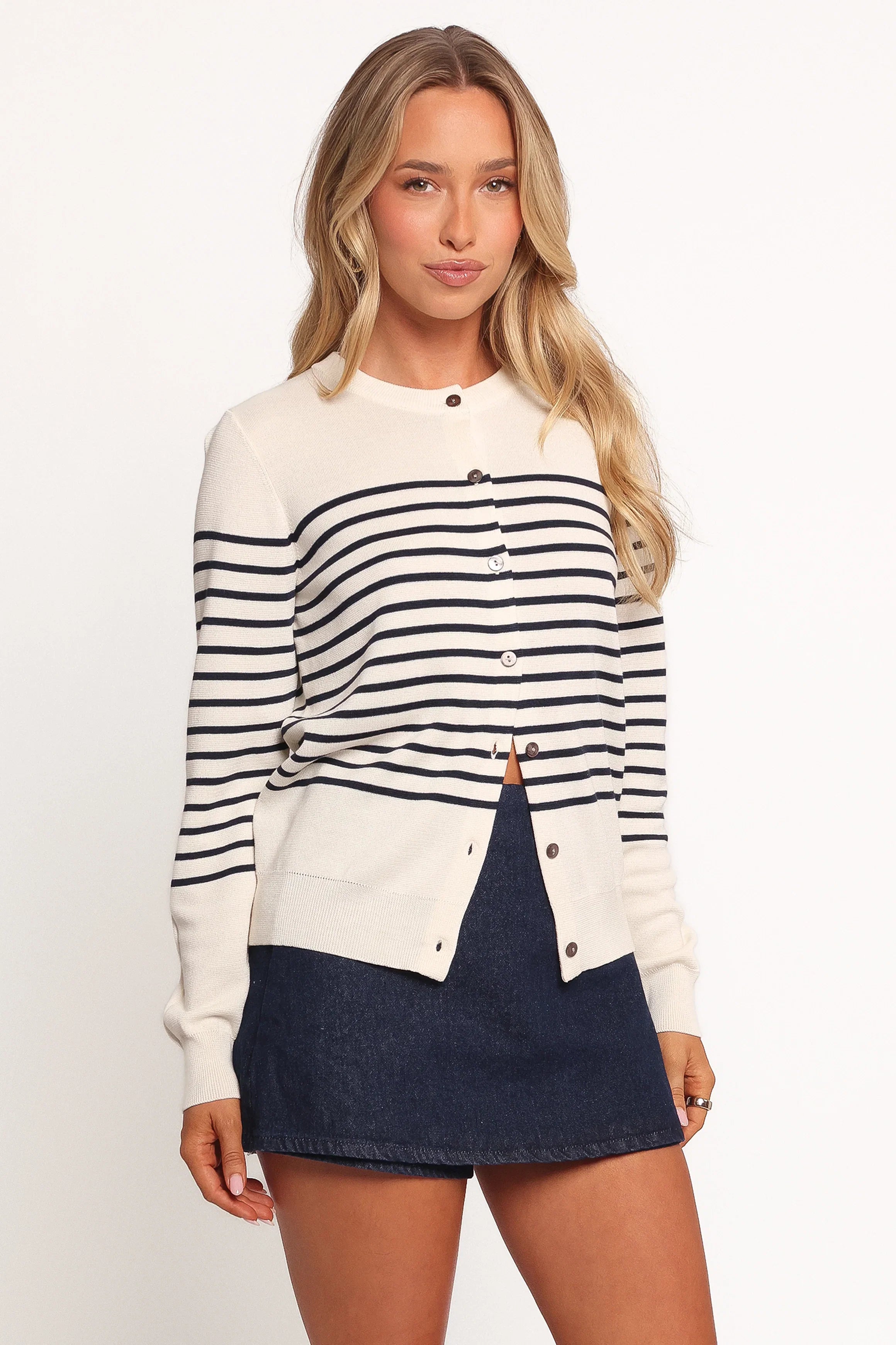 Gavi Button Front Striped Cardigan Off White Navy