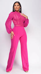 Nerine Crochet Lace Mesh Jumpsuit Magenta Pink