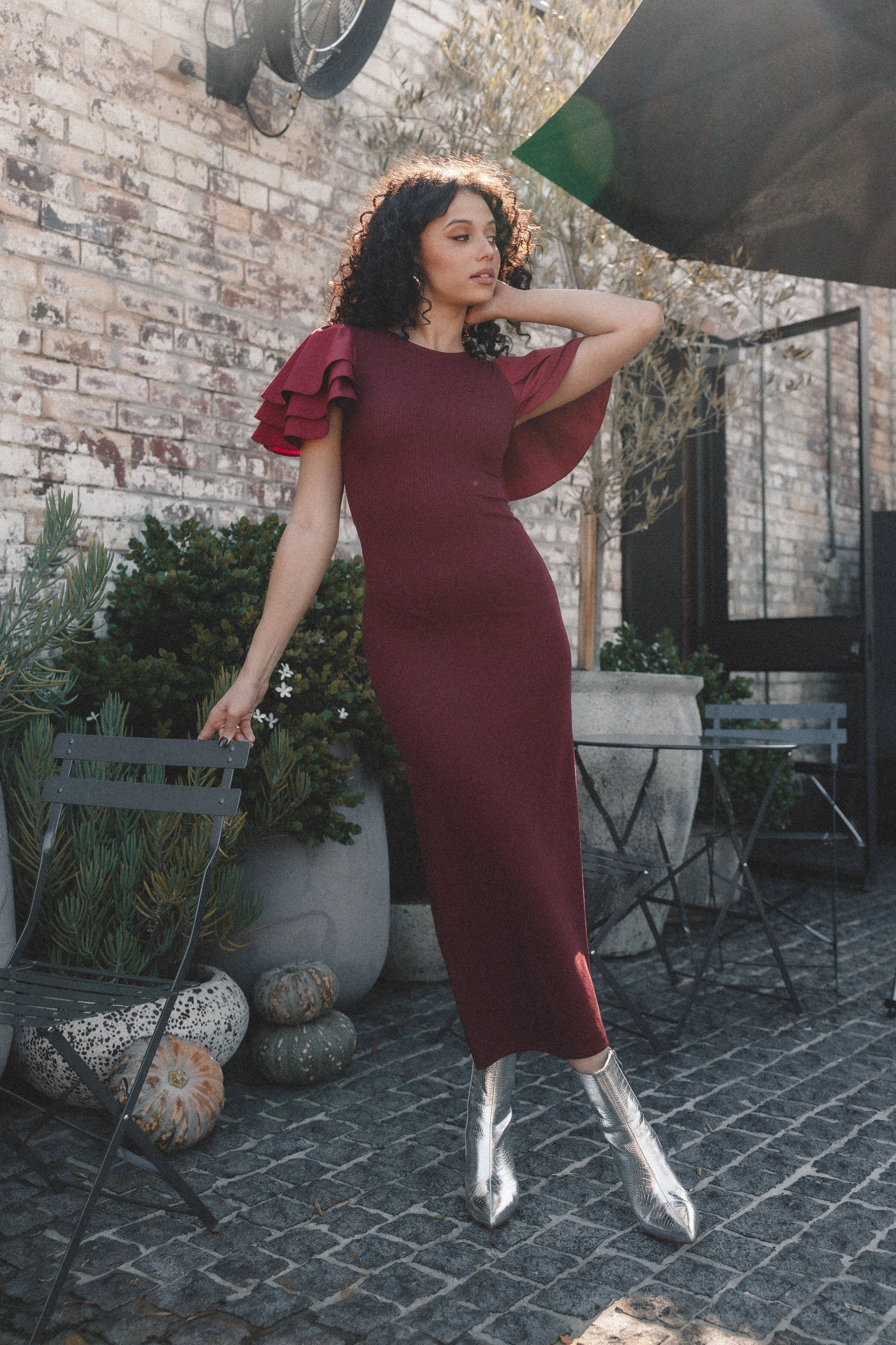 Cally Ruffle Sleeve Midi Dress Wine